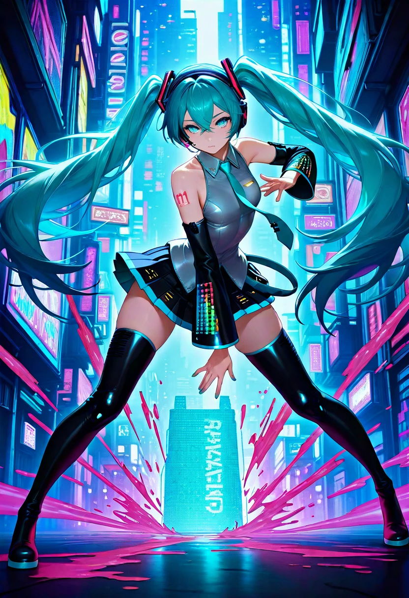 IllusP0s, 1girl, Techwear fashion, looking at viewer, hatsune miku, aqua eyes, aqua hair, crossed bangs, hair between eyes, hair ornament, headphones, long hair, twintails, aqua necktie, black footwear, black skirt, black sleeves, boots, collared shirt, detached sleeves, grey shirt, necktie, pleated skirt, shirt, skirt, sleeveless, sleeveless shirt, thigh boots, tie clip, dynamic pose, colorful background, artistic background, splash of glowing paint, thrown paint, magical glow, futuristic, cyberpunk, urban, tactical, sleek, dark,