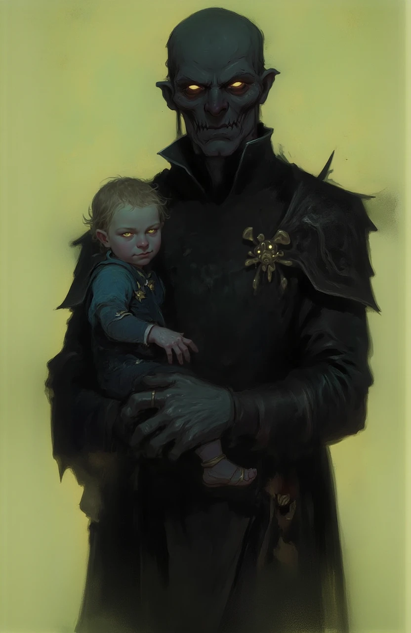 <lora:orithis-vale-style:1.5>, a shadowy figure with glowing eyes, holding a in the arms. The figure's face is obscured, and the background is a muted beige and setting is a dark fantasy, 0r1t1s