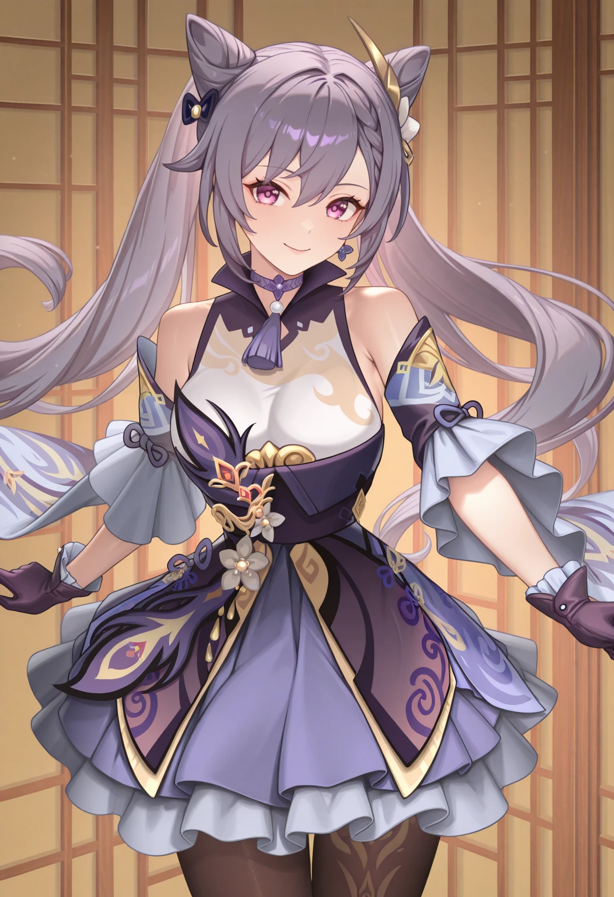 masterpiece, best quality, absurdres, highres, newest, 1girl, solo, <lora:cuboon-artist-richy-v1_ixl:1> <lora:keqing-gi-richy-v1_ixl:1> kqngdf, purple eyes, purple hair, long hair, twintails, double bun, cone hair bun, braid, hair between eyes, hair ornament, medium breasts, purple choker, neck tassel, purple dress, frills, detached sleeves, black pantyhose, purple gloves, earrings, smile, looking at viewer,