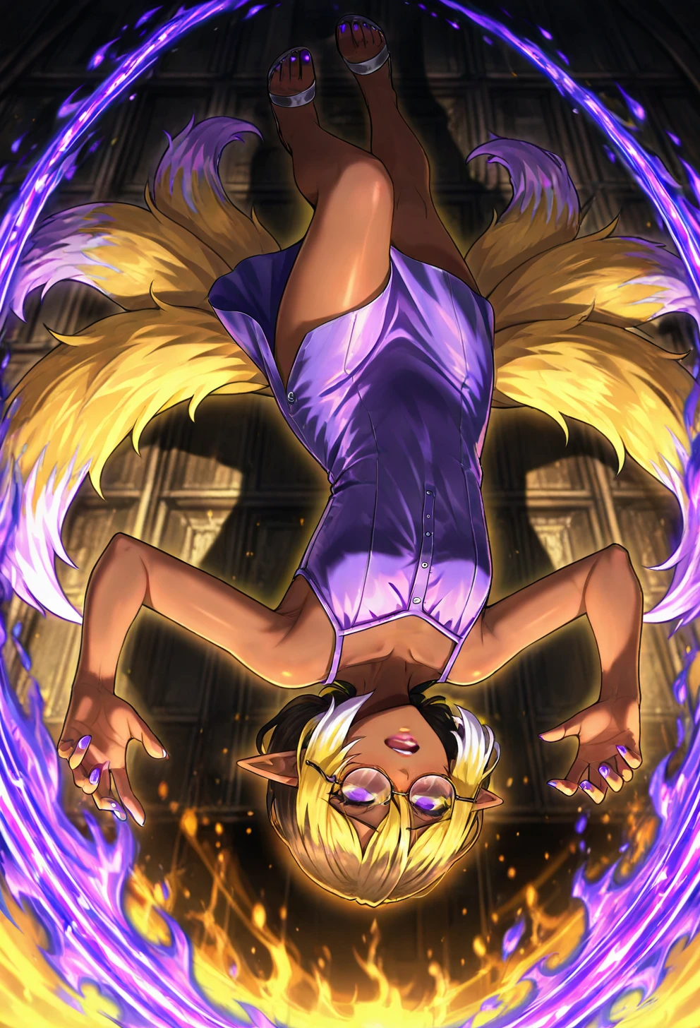 female,solo,vibrant purple satin chemise with a high slit paired with silver sandals,blonde hair,Gray and Yellow,multicolored hair,hair between eyes,hair tendrils,flat chest,purple eyes,looking over eyewear,extra eyes,yellow sclera,no pupils,Dark skin,Multiple tails,pointy ears,golden hour lipstick,buttons,sunny Italian vineyard, olive trees, rustic walls,Bright white glare effect,upside down,disgusted,dramatic shadows,Bright purple fire streaks,Glowing geometric grids,lobotomycorpifitwasagachagame, <lora:Limbus_Company_r1:0.75>,