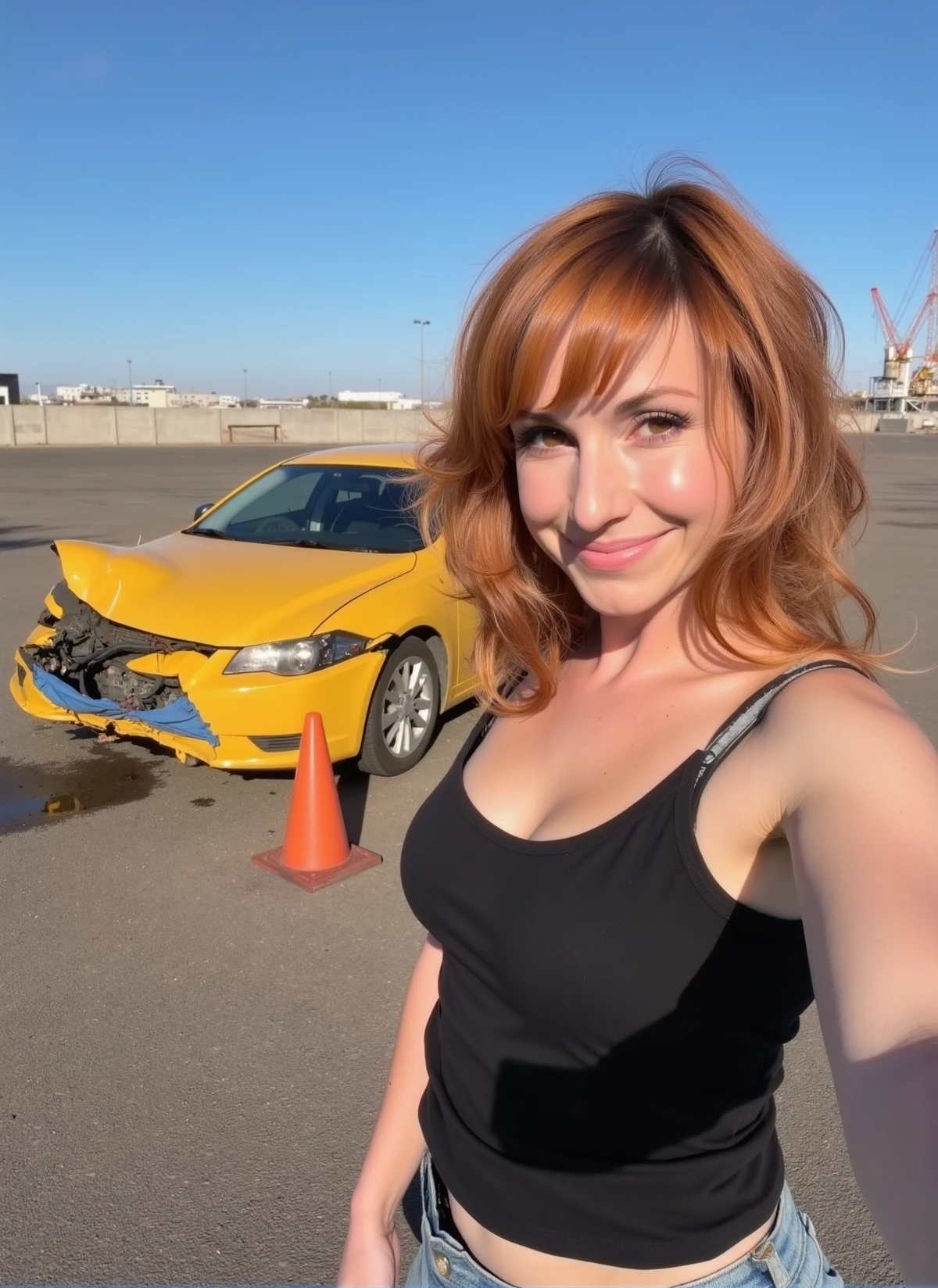 Selfie Photograph of karibyron with shoulder-length, wavy, auburn hair. Behind her a bright yellow sedan that has been involved in a collision. The car's front bumper is severely damaged, and there is a blue cloth covering part of the front hood. The background features an open, empty parking lot with a few distant buildings and cranes, indicating an industrial area. A red traffic cone is positioned near the car's front left. The woman is wearing a black tank top and light-wash jeans, and the scene appears to be under a clear blue sky. <lora:karibyron-v00-000011:1>