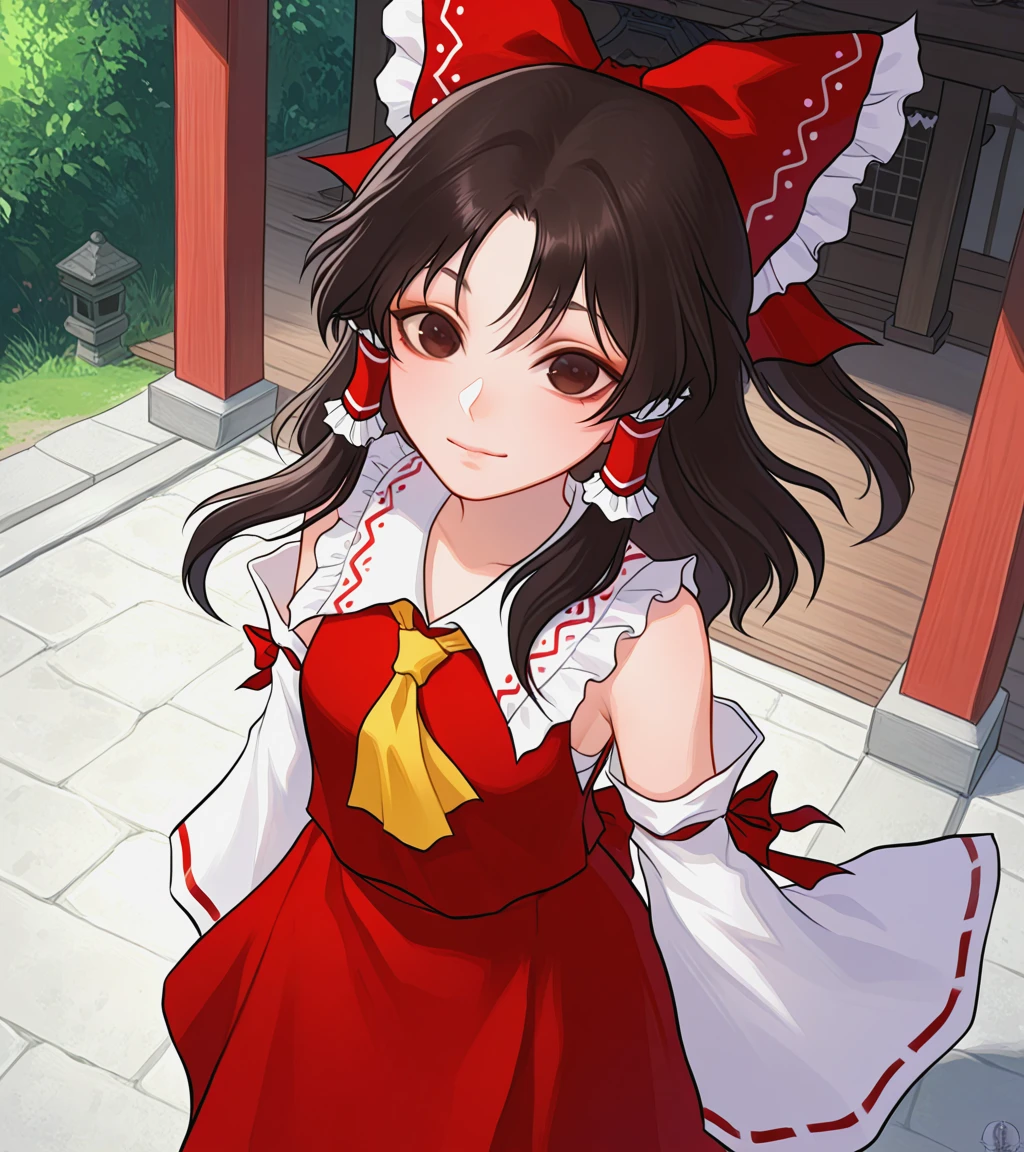 best quality, (high quality, highres, masterpiece), nat the lich,
1girl, hakurei reimu,
standing, looking at viewer,slight smile,
(from above:1.2), dynamic angle, (dutch angle:1.15),
hakurei shrine,
round eyes, anime, detailed eyes,
<lora:Illustrious_Nat_The_Lich_-_Artist_Style:1.0>