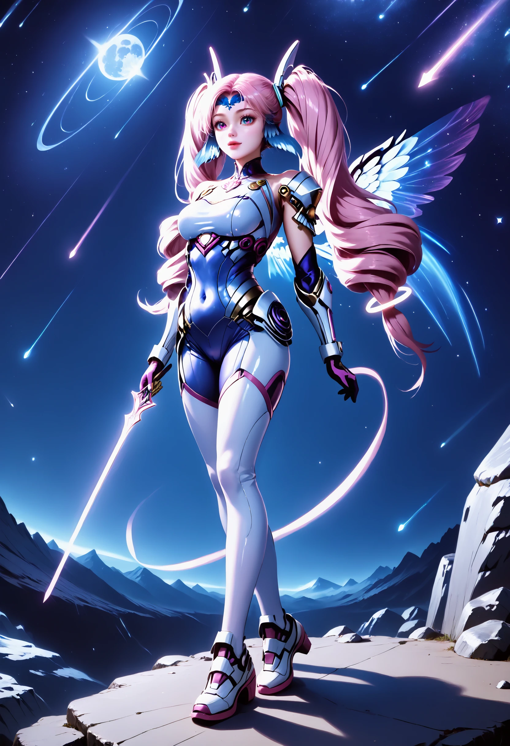 Masterpiece, best quality, amazing quality, very aesthetic, high resolution, ultra-detailed, absurdres, HDR, cinematic lighting, highres, newest,
aichen, 1girl, pink hair, solo, long hair, twintails, drill hair, purple eyes, blue head wings, blue forehead jewel, hair ornament, glowing golden rings on the twintails at the end, dutch_angle, pink aura, heart, dynamic_pose, bodysuit, realistic, photorealistic, blue background, night, moonlight, rock, white_legwear, white_footwear, space_station,