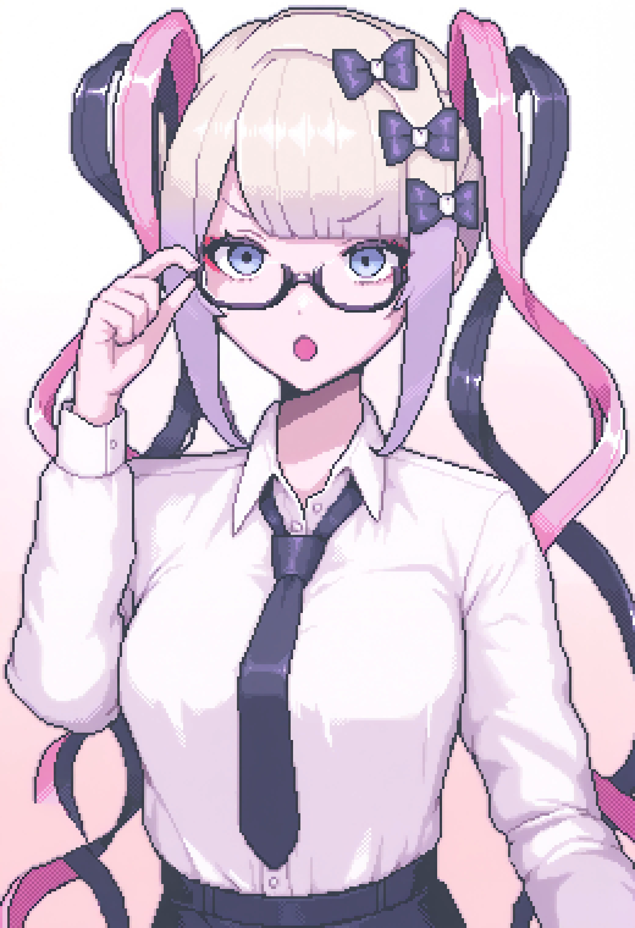 chouzetsusaikawa_tenshi-chan
masterpiece best quality, newest,
1girl, solo, upper body, breasts, office lady, dress shirt, wing collar, necktie, glasses, :o, adjusting_eyewear , v-shaped eyebrows,