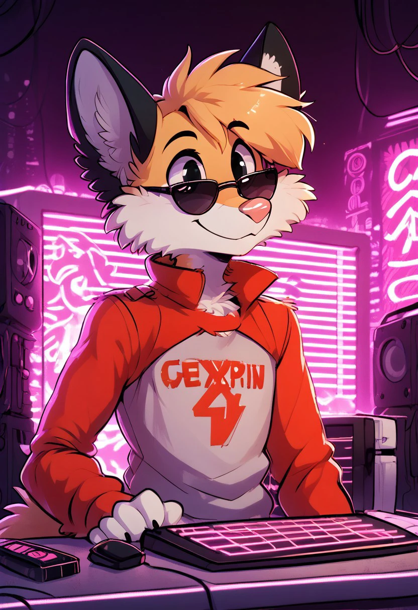 score_9, score_8_up, score_7_up, score_6_up, score_5_up, score_4_up, solo,
1boy ((kitsunezero, zero, pink nose, black ears, black eyes, orange fur, fox, anthro, fox ears, one tail, open eyes, closed mouth, happy)), perfecteyes, MegaFluffyPony, furry, fluffy, neon lines background, hi-tech, mad-neon-noir, cyberpunk, noir, computer, in sunglasses, shrug