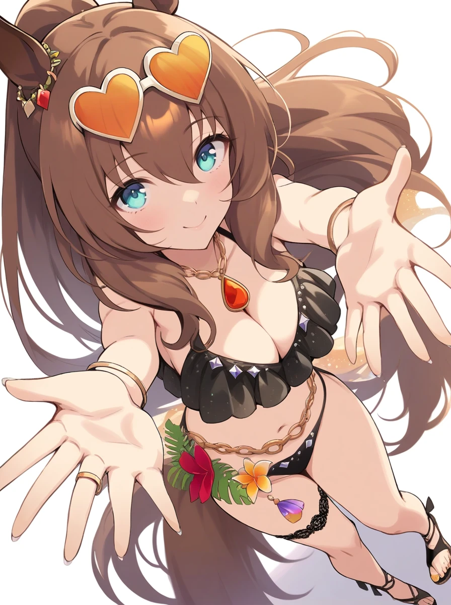 masterpiece, best quality,
maruzensky \(umamusume\), 1girl, heart-shaped eyewear, horse ears, heart-shaped sunglasses on head, horse tail, cleavage, black sandals, black bikini, looking at viewer, full body, navel, smile, pendant choker, black lace thigh strap, white background, ponytail, outstretched arms, black frilled bikini top, single gold wrist bangle, mismatched bracelet, single black wristband, waist flower, gold ear ornament, gold chain belt, blasting off summer night
outdoors,
<lora:SDXL_maruzensky_ver1.0:0.7>