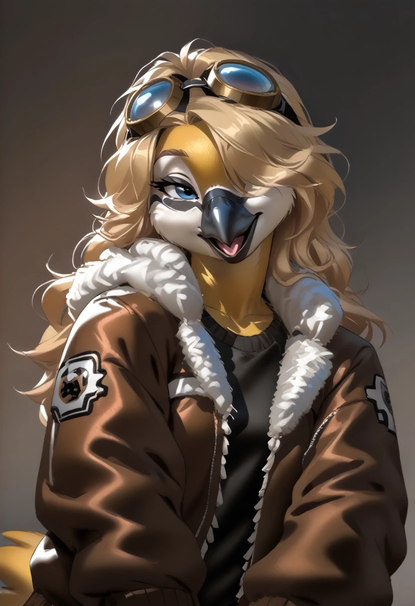 score_9, score_8_up, score_7_up, (by zummeng:1.5), (by jailbird:1.5), (by kittydee:1.5), masterpiece, best quality, (solo),
(Furry Art: great tit:1.5), expressive eyes, feminine eyes, <lora:beautiful_detailed_eyes:1>, perfect face, feminine face, feminine body, black beak, multicolored body, yellow body, black colored down middle of body, black head, white cheeks, (blonde hair:1.5), (long hair), (one eye covered by hair), small breasts, (bomber jacket:1.5), (t-shirt:1), (googles),