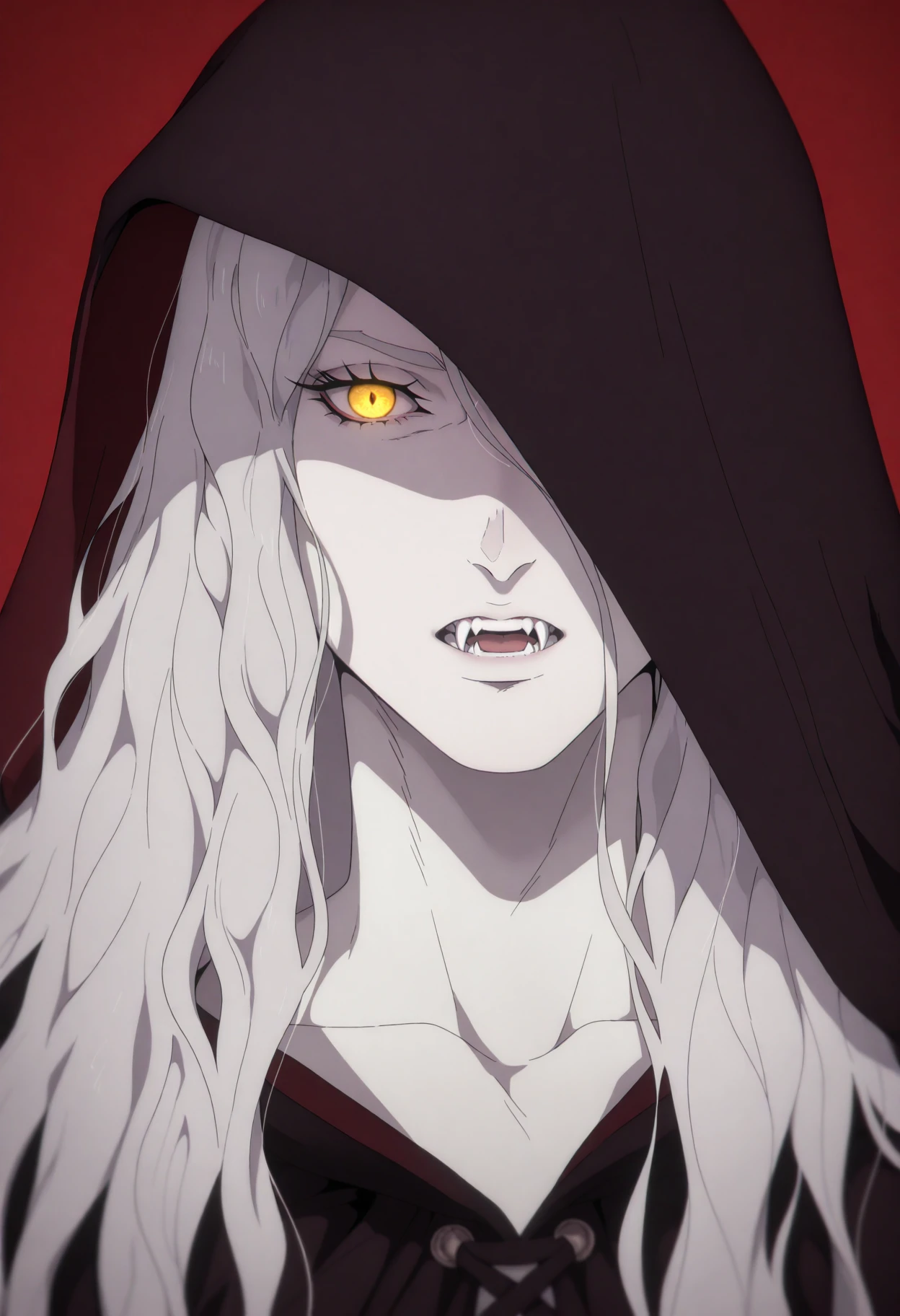 <lora:CastlevaniaNocturneILXL:1> n0cturn3,
solo, fangs, yellow eyes, male focus, hood, hood up, open mouth, 1boy, cloak, portrait, looking at viewer, long hair, red background, hooded cloak, pale skin, white hair, hair between eyes, eyelashes, teeth, vampire, one eye covered, grey hair, glowing, wavy hair, masterpiece, best quality, amazing quality, intricate detail, highly detailed, absurdres,