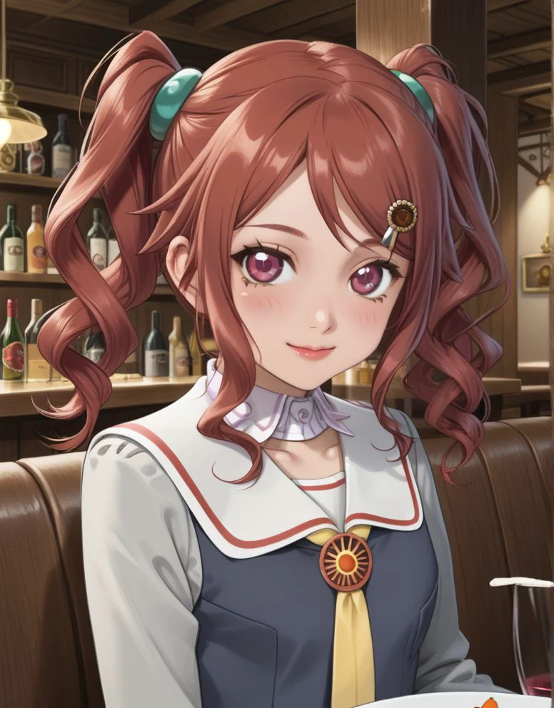 <lora:add-detail-xl:1>source anime, rating explicit, detailed,
BREAK,
pub, public,
smile, (open mouth:0.8), (one eye closed:0.6),
BREAK,
<lora:paz_pdxl_v01_1:1>tovgauche, brown hair, brown eyes, twintails, sailor collar, long sleeves, red hair, purple eyes, yellow necktie, frilled sleeves, white skirt, thigh strap, detached collar