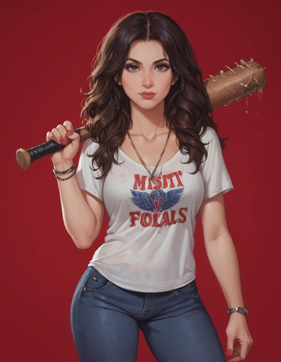 score_9, score_8_up, score_7_up, zPDXL, masterpiece, <lora:sn0wStyle:1> <lora:HKHorrorXL:1>1girl, solo, jewelry, pants, baseball bat, over shoulder, necklace, weapon, long hair, bracelet, black hair, looking at viewer, nail, jeans, shirt, denim, nail bat, holding, lips, red background, kelly maxwell<lora:Kelly_Maxwell_Ash_VS_Evil_Dead_2015:0.8> forest, night, wide hips, thick thighs, voluptuous, venus body,