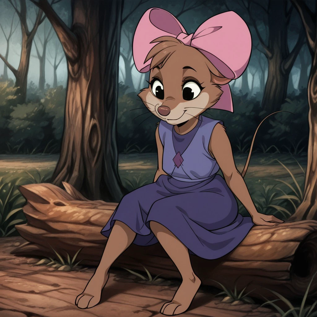 masterpiece, best quality, amazing quality, teresabrisbyil, semi-anthro, female, mouse girl, brown fur, whiskers, pink hair bow, purple dress, lilac vest, dark purple patch on the skirt, sleeveless, sitting, outside, on a log, smile, in the woods, day time
