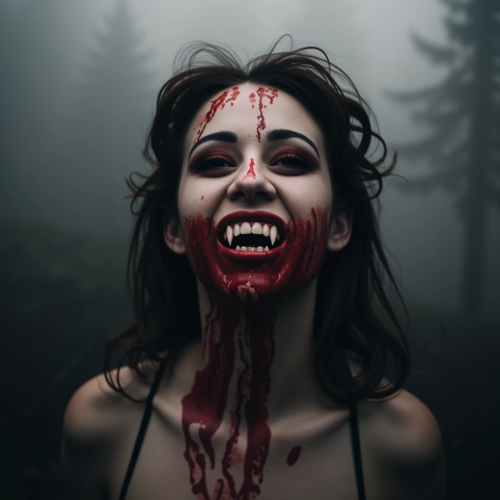 Generate a hyper-realistic image that employs the shallow depth of field technique, Head and sholders portrait to highlight a pretty vampire girl, (((open mouth with vampire teeth, blood dripping from mouth))) , wearing a gothic costume, at ((night in a creepy cemitery ) setting, (((under the moonlight))). The girl should be the focal point, with crisp clarity, while the background of the cemitery should be gently blurred to create a bokeh effect. (((Flames In the foreground))) should be visible but blurred, adding depth to the composition.", adding depth to the composition. Sony Alpha A7R III, macros lens , f/5.6. ((Cinematic Lighting)) .