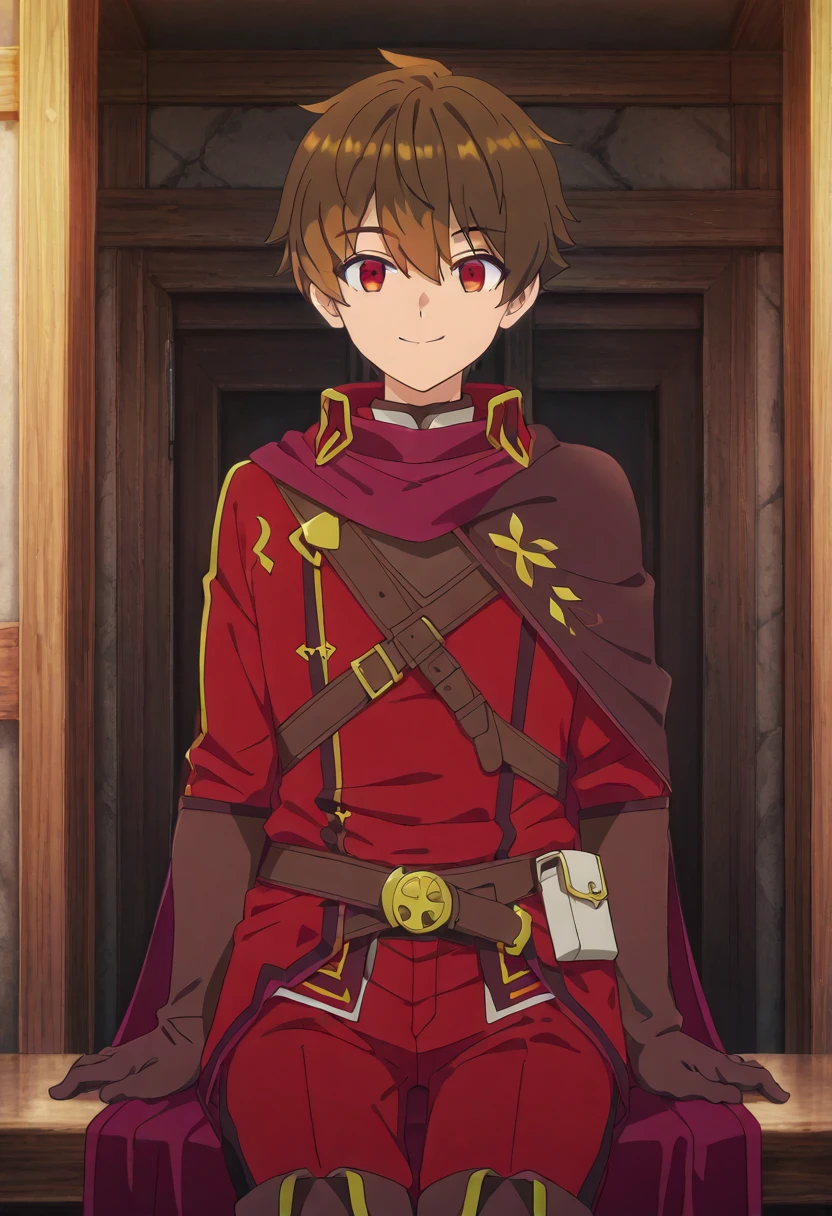 masterpiece, best quality,   zzYuke, solo, 1boy, red eyes, brown hair, short hair, gloves, boots, belt, pants, cape, thigh boots, brown footwear, brown gloves, red pants,    smile, looking at viewer,   ,<lora:ARankPartyStyle_IXL:1.0>,