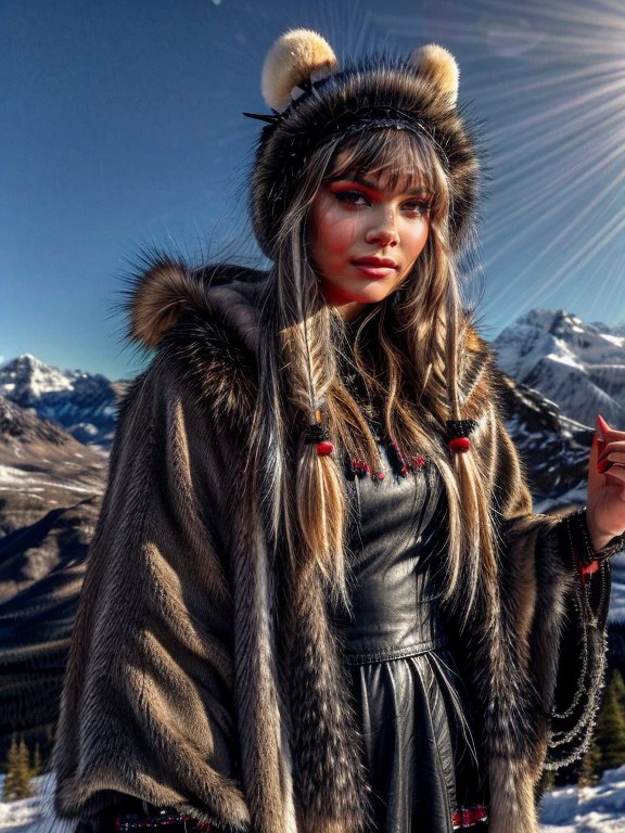 <lora:000ArianaGreenblatt:0.7>,adri,<lora:age_slider-LECO-v1:-1>,
A young woman with long blond hair,dressed in a costume reminiscent of the traditional clothing of northern peoples. She wears a fur cape with a hood,decorated with ears,and a dress with fur and leather elements. Jewelry is visible on her neck and wrists,and her hair is decorated with feathers and beads. A snowy mountain landscape is visible in the background.,, <lora:more_details:1> <lora:detailSliderALT:1>