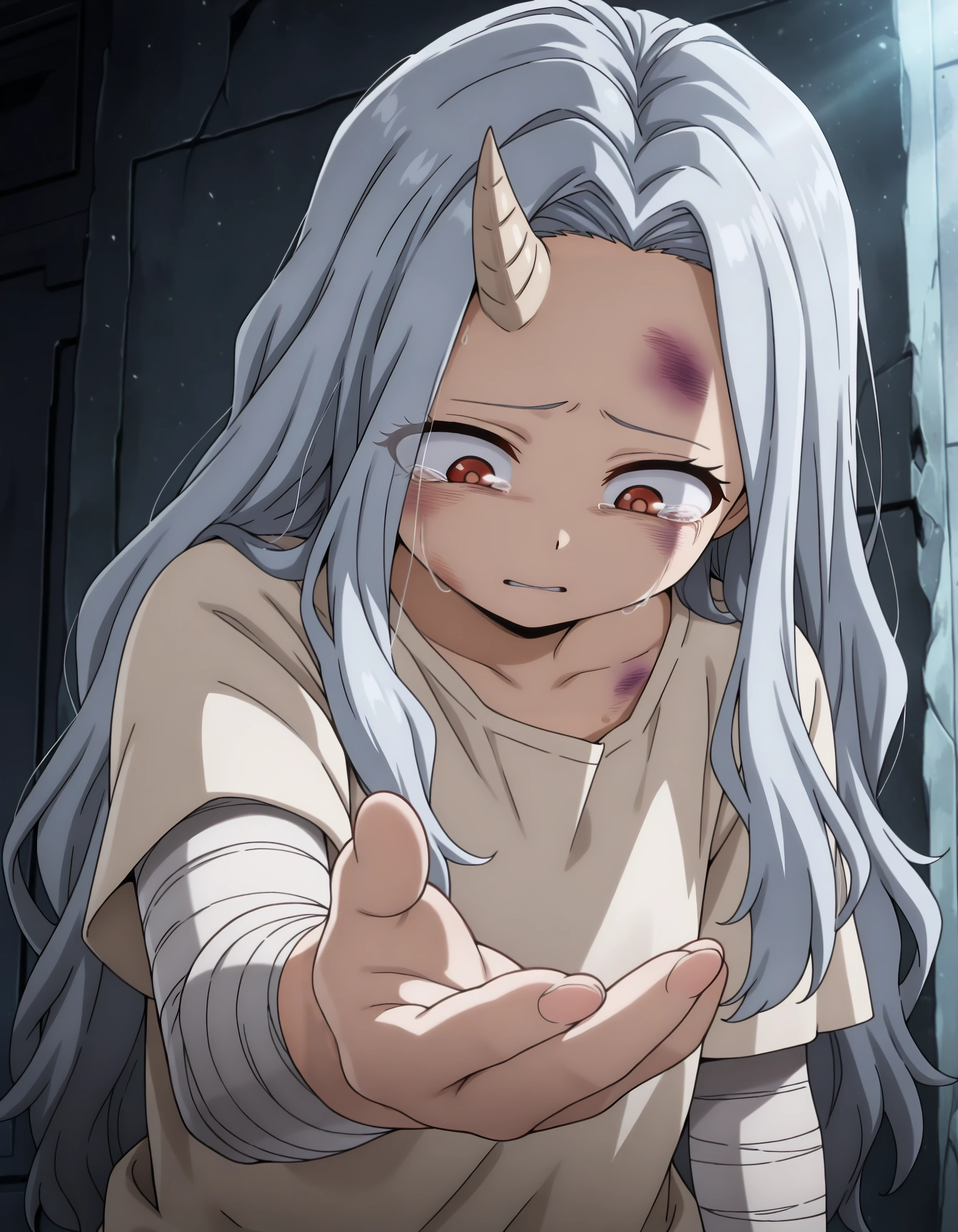 1girl, eri_mha, (one horn, horn on right side), (reaching towards viewer, innocent girl, sad, bruised), sleevless top, kawaii, hdr, high contrast, upscaled, indoor, 
(masterpiece, best quality, absurdres), masterpiece, highres, perfect anatomy, anime style, anime screenshot, 8k wallpaper, ultra high quality, (extremely detailed cg), (perfect lighting), (sharp image), AddXL