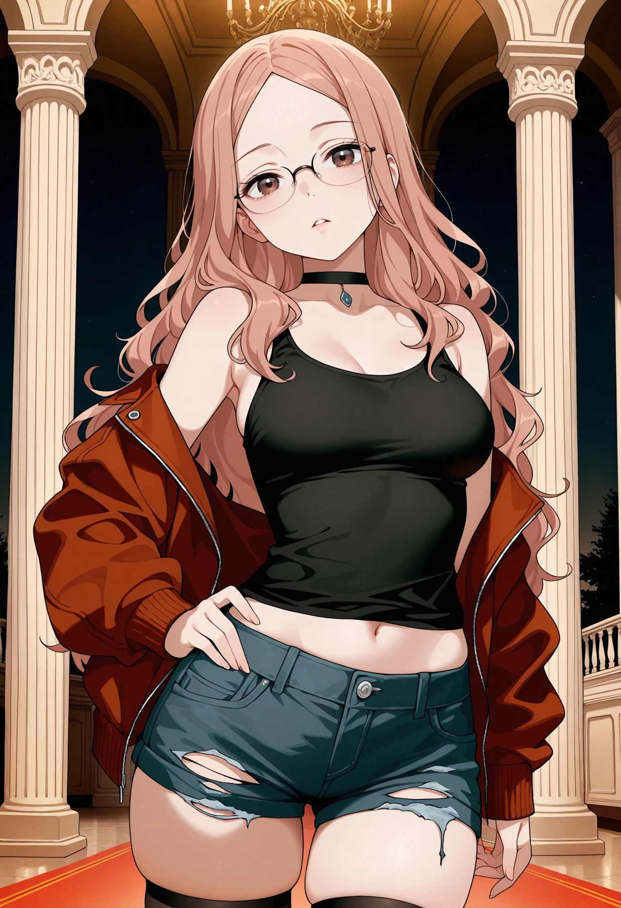 masterpiece, best quality, amazing quality, 1girl, solo,
<lora:Rune_My_Dress_Up_Darling_IL_V1:1>, KJOrune, peach hair, dark brown eyes, long hair, wavy hair, parted bangs,
torn legwear, jean shorts, tank top, bare shoulders, black open jacket, off shoulder, black thighhighs, skindentation, choker, glasses, navel,
expressionless, parted lips, cowboy shot, dutch angle, looking at viewer, head tilt, hand on own hip,
Inside, ballroom, pillars, night,
(Beautiful, medium Breasts:1.2), mature female,