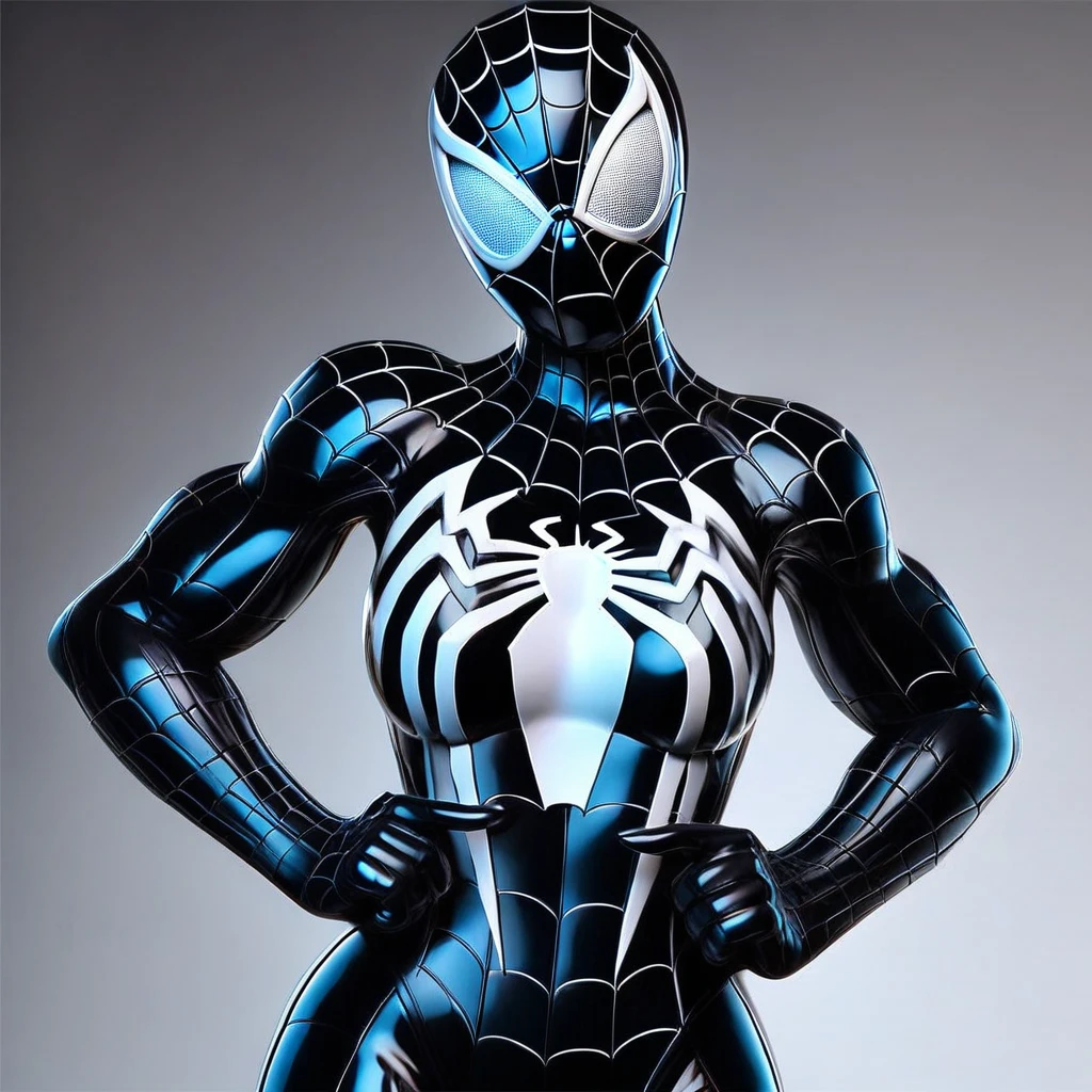 4K,realisticlying,Glamorous,The very detailed,There a girl in Dingcheng,Wearing a black Spider-Man costume,(Black and white:1.4) the night,symbiote,venomize,a large amount of mucus,she a spiderman,Black superhero theme,In front of the sky,Flushed complexion,( Open legs, camel-toe,Vulvar shape:1.3)(GGCameltoe:1.3)Legs apart,25 age old,full bodyesbian