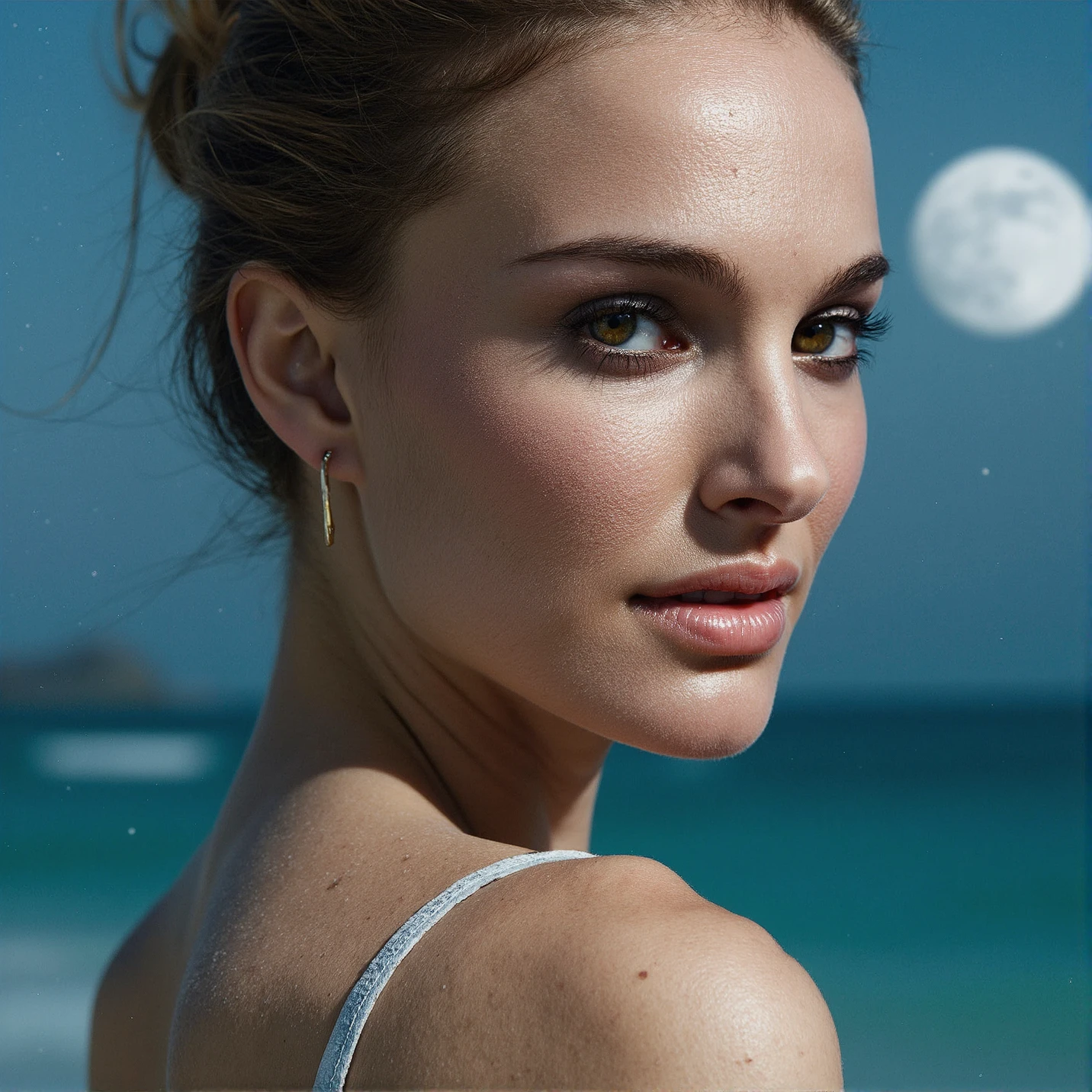 Breathtaking medium shot photography of ohwx, , Steep cliffs plunge into the turquoise ocean,Starry sky with a full moon,soft lighting, upper body shot, smile, (upper body framing:1.3), sensual lips, eyelashes, fine hair detail, perfect eyes, iris pattern, eyes makeup, (perfectly sharp:1.3), (head to shoulders composition:1.4), realistic textures, (deep focus:1.1), negative space around subject, 8k uhd, dslr, ultra high quality image, film grain, Fujifilm XT3