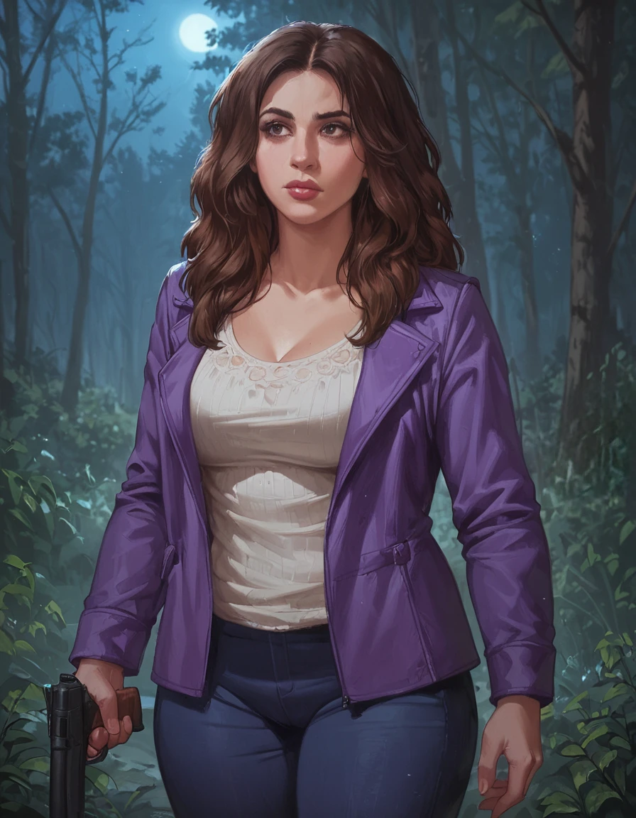 score_9, score_8_up, score_7_up, zPDXL, masterpiece, <lora:sn0wStyle:1> <lora:HKHorrorXL:1>1girl, solo, long hair, jewelry, jacket, necklace, lips, upper body, black hair, brown eyes, looking to the side, purple jacket, shirt, nose, gun, kelly maxwell<lora:Kelly_Maxwell_Ash_VS_Evil_Dead_2015:0.8> forest, night,