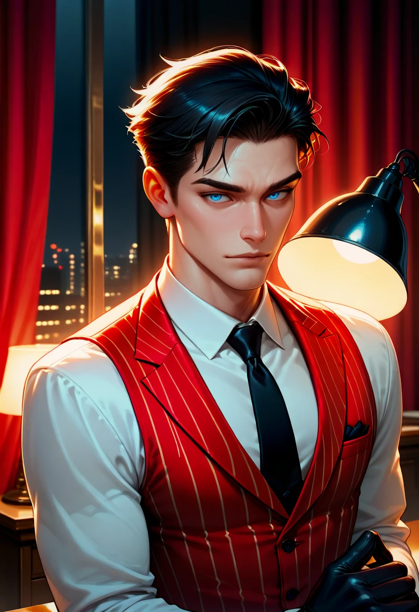 IllusP0s, 1boy, 20 year old, manly, (upper body, portrait, photoshoot):1.1, perfect face, detailed eyes, blue eyes, black hair, fair skin, (sexy gangster) young man, bishounen, wearing a red pinstripe vest, white shirt, black tie, black gloves, set in the year 1920, in a shadowy office, with thick curtains drawn, a desk lamp casting a warm glow, at night