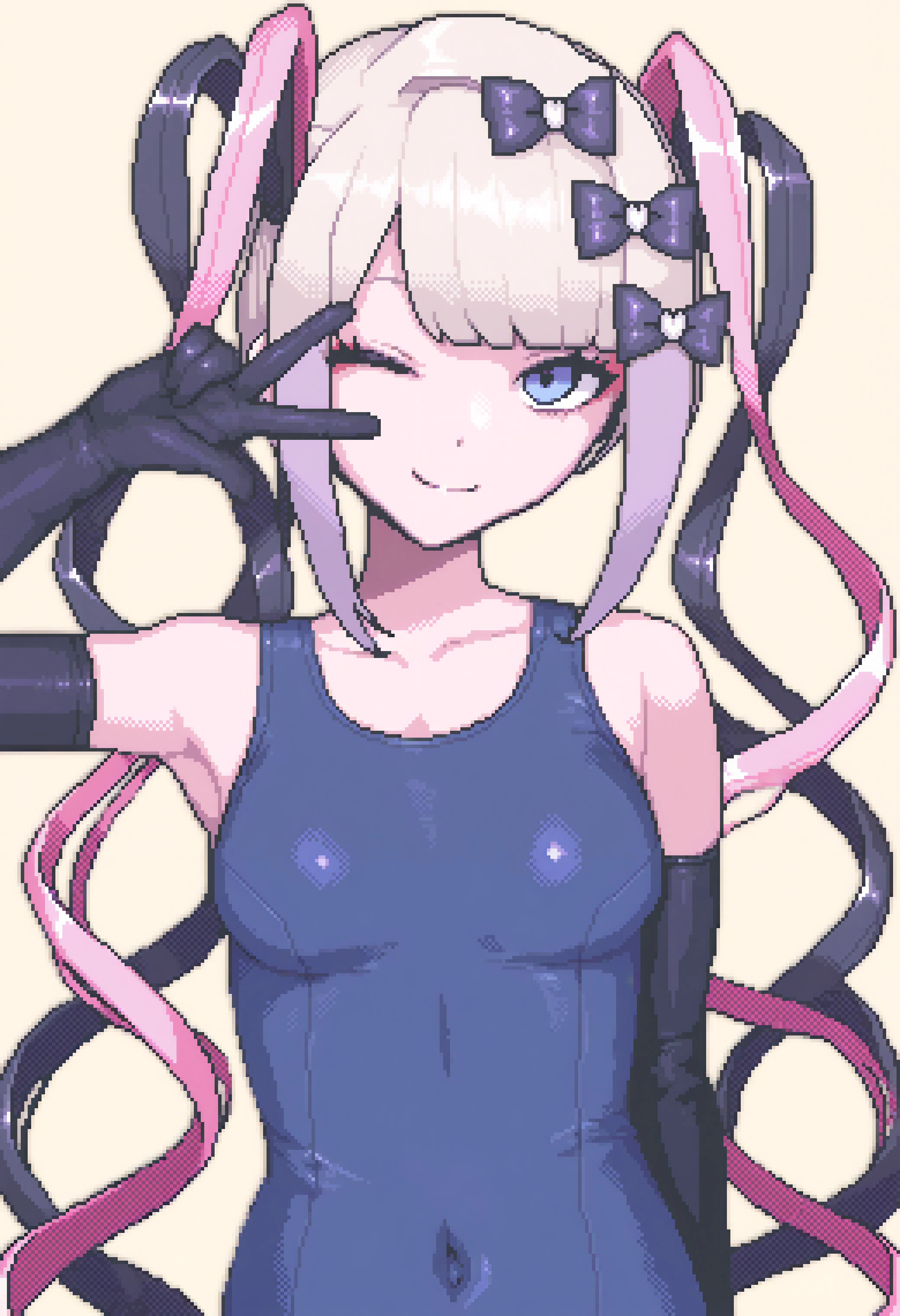 chouzetsusaikawa_tenshi-chan
masterpiece best quality, newest,
1girl, solo, old school swimsuit, breasts, covered navel, elbow gloves, upper body, head tilt, wink, v over eyes,