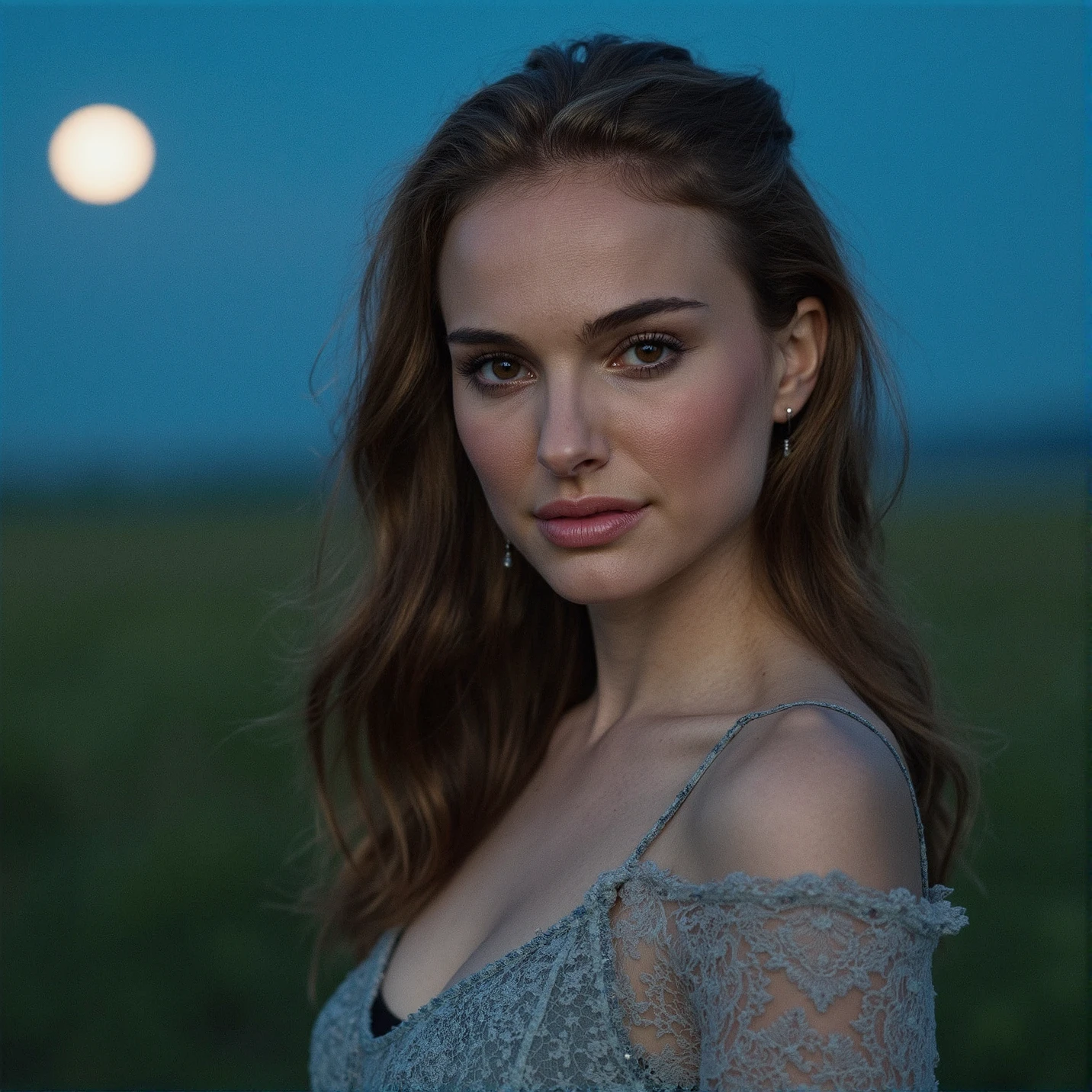 Breathtaking medium shot photography of ohwx, , Mist-covered forests are home to elusive wildlife,Starry sky with a full moon,soft lighting, upper body shot, smile, (upper body framing:1.3), sensual lips, eyelashes, fine hair detail, perfect eyes, iris pattern, eyes makeup, (perfectly sharp:1.3), (head to shoulders composition:1.4), realistic textures, (deep focus:1.1), negative space around subject, 8k uhd, dslr, ultra high quality image, film grain, Fujifilm XT3