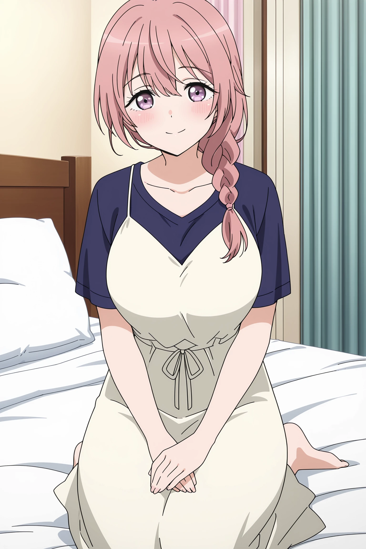 masterpiece, best quality, anime screencap,
inside, in a bedroom, on a bed, <lora:Shinju_Inui_My_Dress-Up_Darling_-_Illustrious_V2:.8>
braid, sitting, long hair, pillow, solo, shirt, barefoot, dress, seiza, smile, pink hair, 1girl, single braid, collarbone, blush, very large breasts, braided ponytail, short sleeves, Shinju braided dress outfit, looking at the viewer