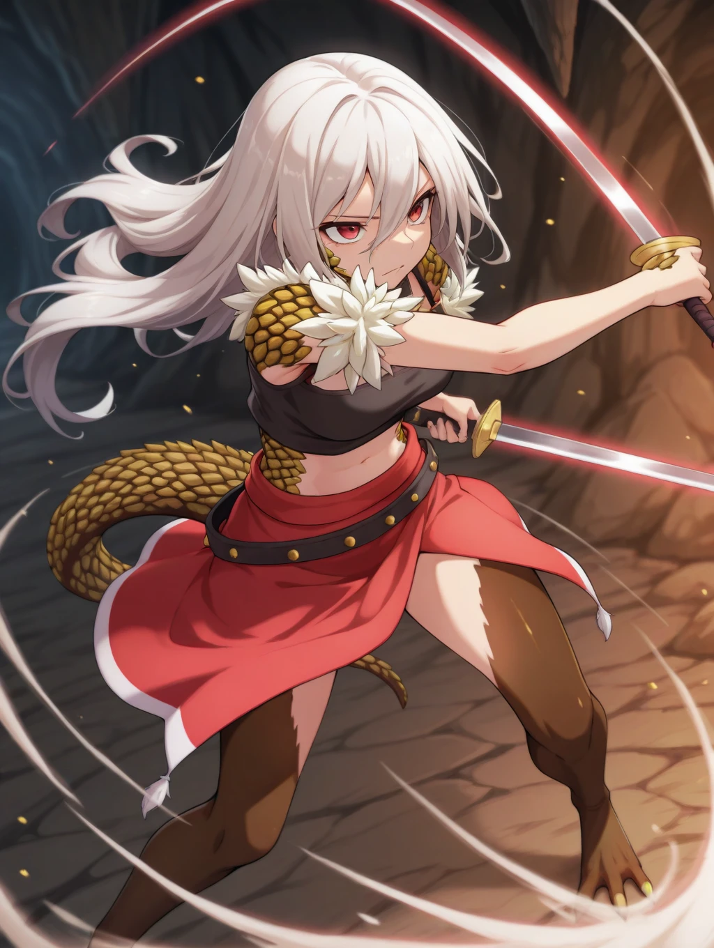 1girl, solo, Miranda, white hair, long hair, red eyes, lizard girl, lizard tail, (scales), fur trim, (lizard legs), brown legs, black crop top, red skirt, belt, 

Dynamic pose, holding sword, cave,

masterpiece, best quality,amazing quality, very aesthetic, absurdres, depth of field, blurry background, extremely detailed face, detailed eyes