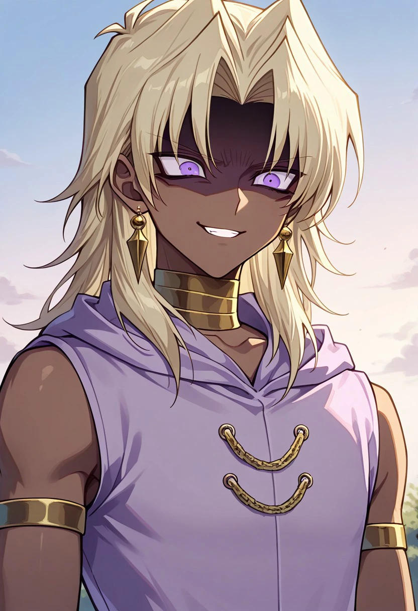 masterpiece, best quality,
marikuish, 1boy, male focus, solo, dark skin, dark-skinned male, purple eyes, blonde hair, long hair, parted bangs, jewerly, earrings, neck ring, armlet, hoodie, hood, purple hoodie, sleeveless hoodie, shaded face, evil grin,
outdoor, sky