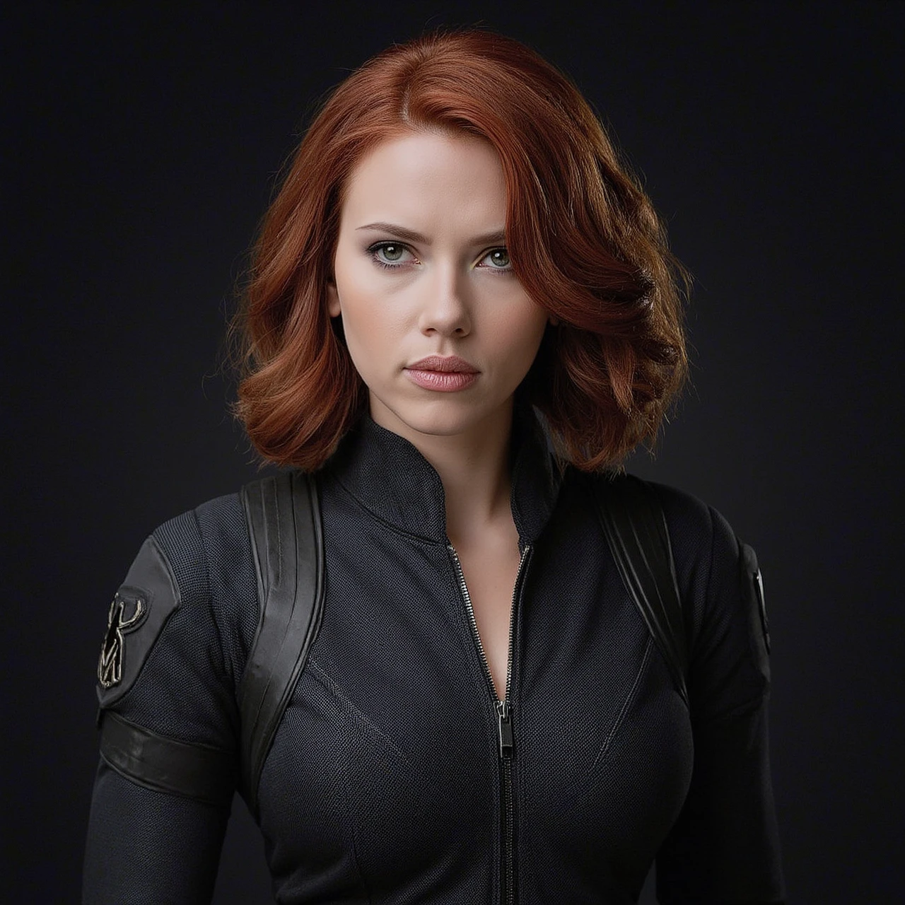 ohwx woman, as Black Widow, wearing a black tactical combat suit with the top unzipped showing her cleavage. a portrait-style shot featuring a Marvel character in a formal pose. The person is wearing a black tactical uniform with distinctive shoulder patches representing an eagle logo. The suit has a high collar and front zipper design. Their auburn hair is styled in a shorter, wavy bob cut, and their makeup emphasizes their eyes with dramatic eyeliner. The lighting creates a professional, dramatic atmosphere against a dark background, highlighting the character's strong, determined expression. high dynamic contrast, (perfectly sharp:1.3), realistic textures, (deep focus:1.2)