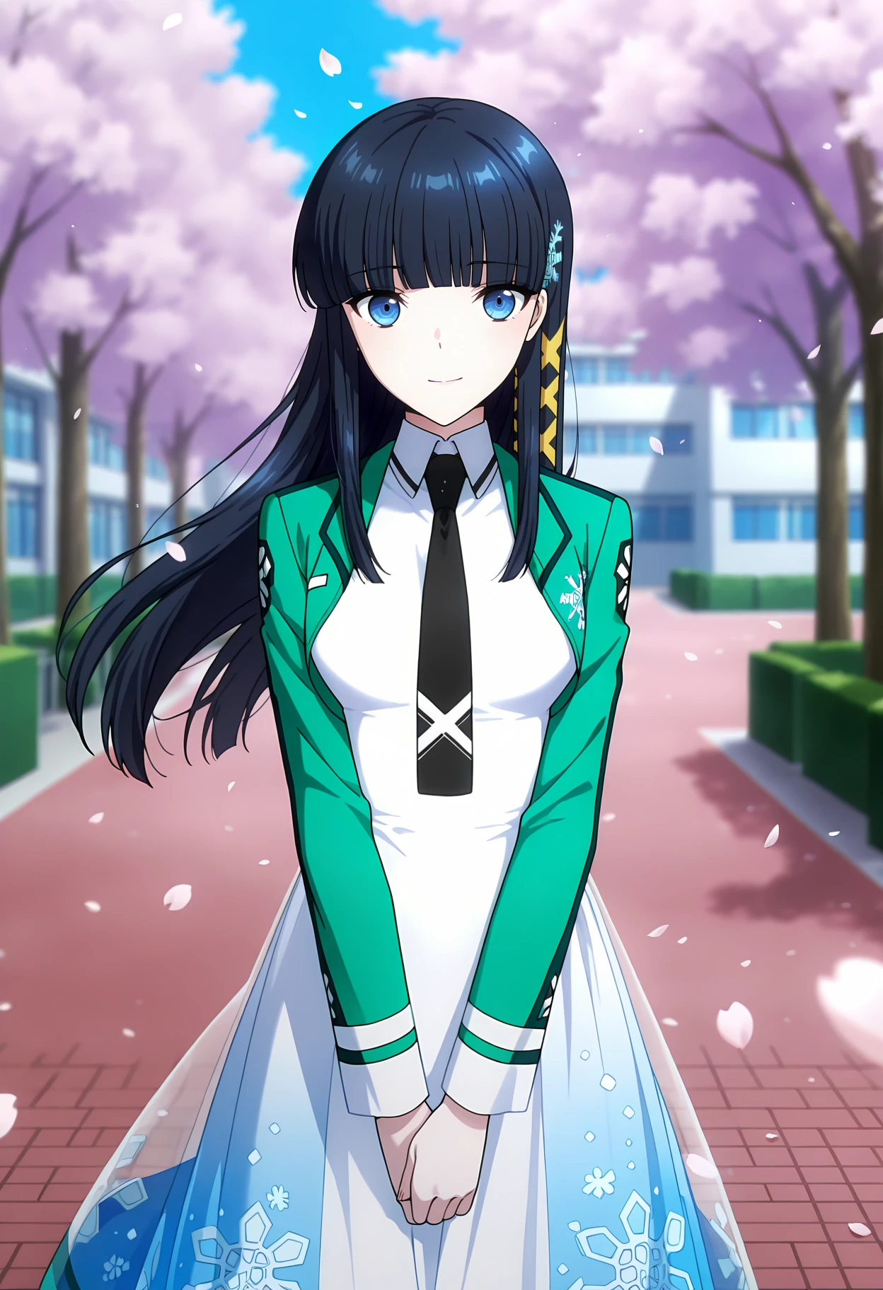 anime screencap, masterpiece, best quality,
<lora:MahoukaKoukouNoRettousei_ShibaMiyuki_IlluXL:0.9>,
1girl, solo, closed mouth, smile, floating hair,
long hair, black hair, blunt bangs, blue eyes, hairclip, tress ribbon, yellow ribbon,
MiyukiSchool, cropped jacket, green jacket, collared dress, long dress, white dress, black necktie, long sleeves,
see-through dress layer, print dress, blue dress, snowflake print,
v arms, looking at viewer, cowboy shot,
outdoors, cherry blossoms, falling petals, school, science fiction, blurry background