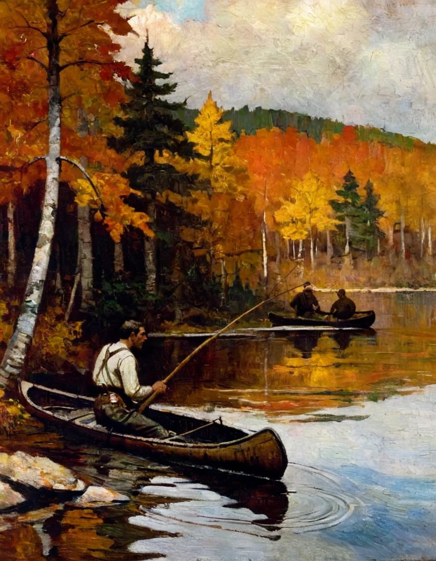 a painting by Schoonover of a man fishing in a canoe in Northern Wisconsin in the Fall of 1905, texture, close up<lora:FSchoonover-000003:1>