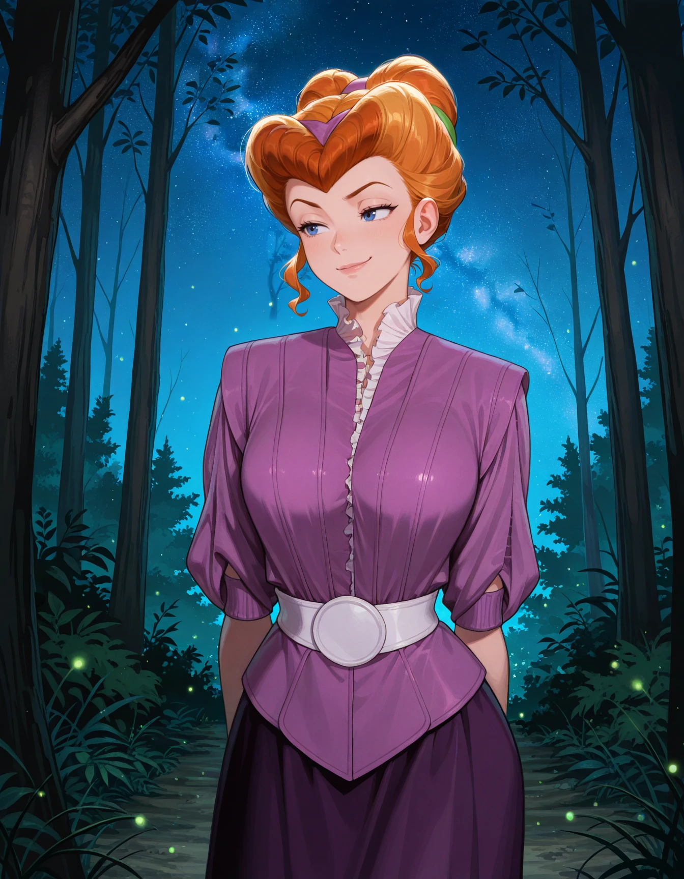 1girl, solo, daphne ann blake, ginger hair, (pompadour updo) very short hair, purple dress, frills, purple jacket, hair ornament, leather, skirt, long skirt, cowboy shot, white belt cincher, <lora:DuneLadyJessica-ILXL2025-01-12_16-55-50-save-360-45-0:1> frilled shirt collar, outdoors, forest, starry night, fireflies, smug, masterpiece, best quality, very aesthetic, newest