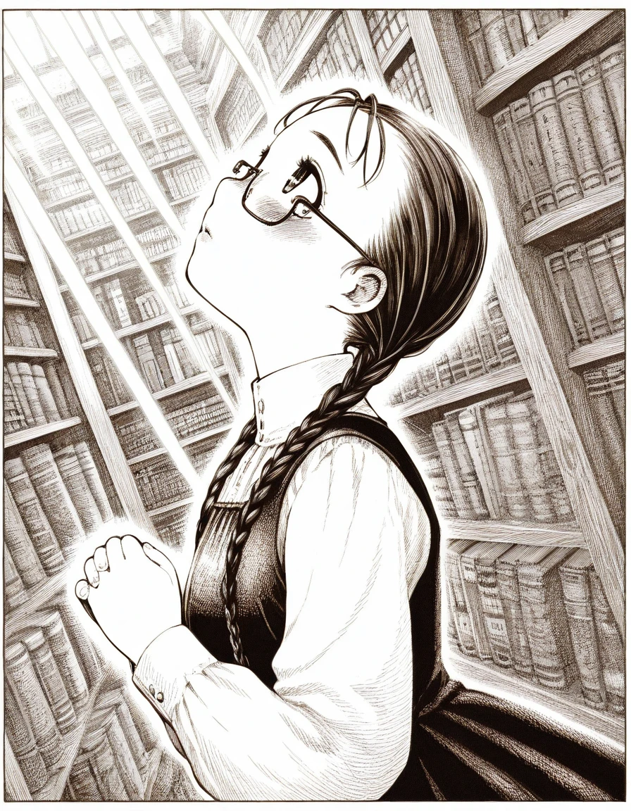 1girl, twin braids, blush, own hands together, in a library, glasses, looking up, from side, monochrome, hatching \(texture\), dutch angle, sunbeam, victorian
<lora:hirune_style_illustrious01_v2-000037:1>
