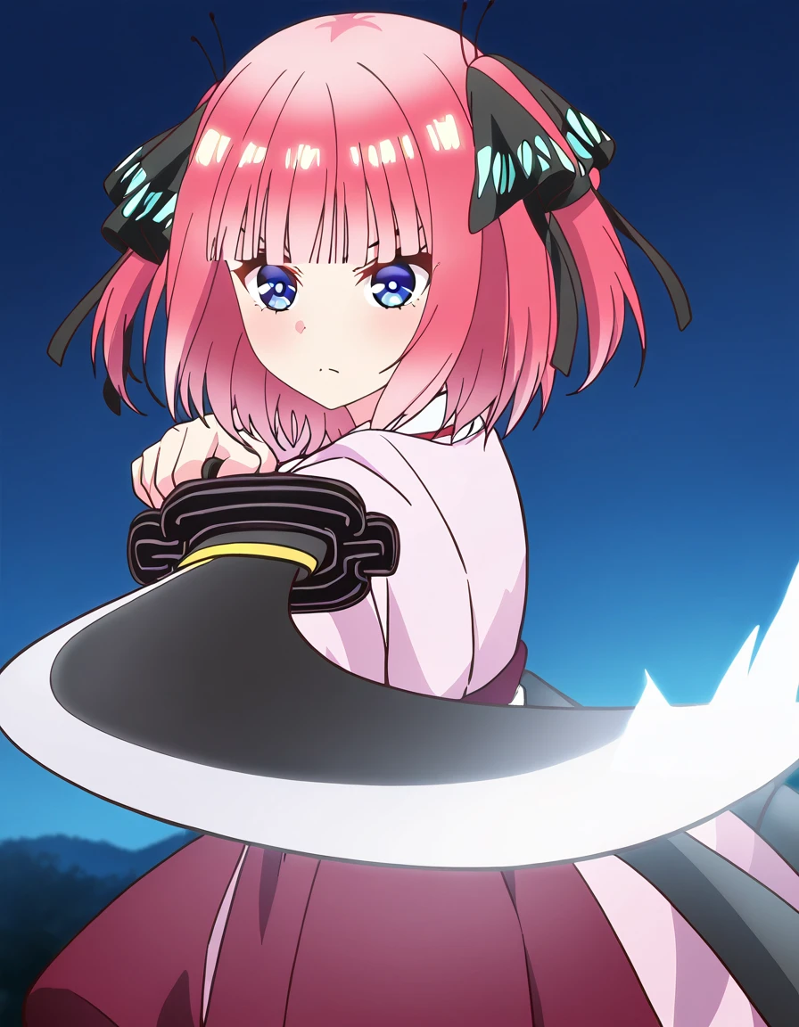 masterpiece, best quality, newest, absurdres, highres, safe,, <lora:nnakano-s2-ponyxl-lora-nochekaiser:1>, short hair, bangs, blue eyes, hair ornament, hair ribbon, pink hair, blunt bangs, two side up, butterfly hair ornament, large breasts, anime screencap,, <lora:gatotsu-stance-illustriousxl-lora-nochekaiser:1>, gatotsu stance, weapon, sword, katana, holding weapon, holding, holding sword, foreshortening, japanese clothes, kimono, looking at viewer,, ,