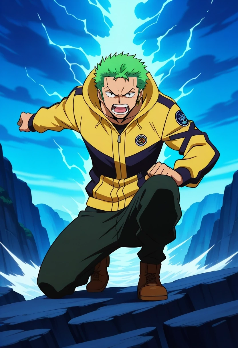 masterpiece, best quality, , anime screencap, anime coloring, official style, looking at viewer, 1boy, solo, male focus, <lora:zoro_roronoa_ilxl:0.94>, zoro_roronoa, green hair, black eyes, short hair, , sideburns, earrings, , storm cliffs, roaring waves, mist-swept rocks, glowing skies, navigating pose, resilient expression, storm glow, DeepPlum Animal print Seersucker pants, Windbreaker, , Bucket hat, and