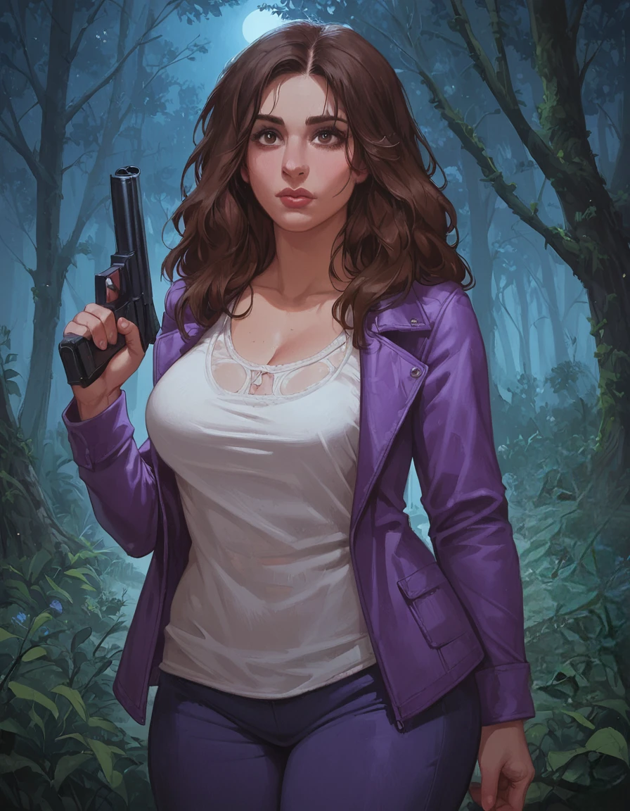 score_9, score_8_up, score_7_up, zPDXL, masterpiece, <lora:sn0wStyle:1> <lora:HKHorrorXL:1>1girl, solo, long hair, jewelry, jacket, necklace, lips, upper body, black hair, brown eyes, looking to the side, purple jacket, shirt, nose, gun, kelly maxwell<lora:Kelly_Maxwell_Ash_VS_Evil_Dead_2015:0.8> forest, night,