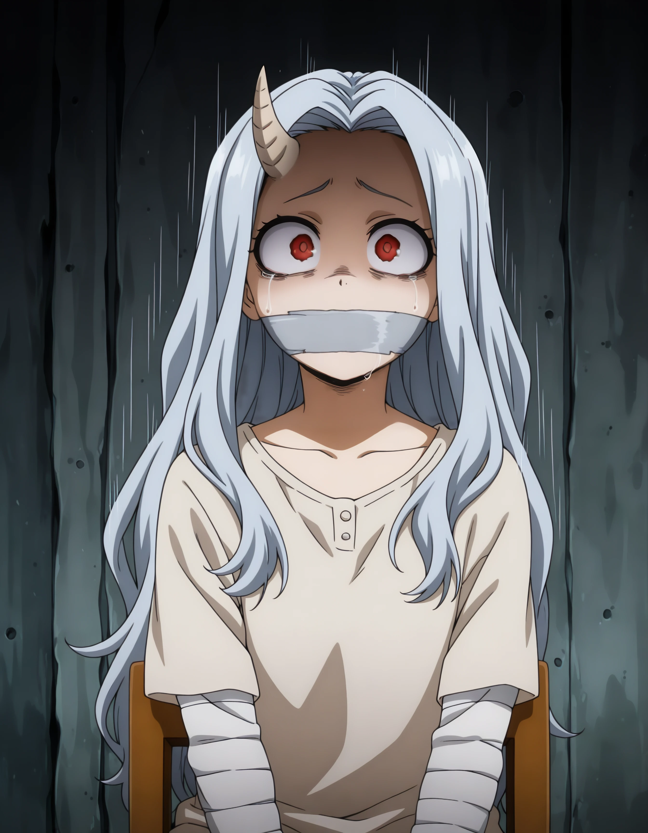 1girl, eri_mha, (one horn, horn on right side), (restrained, innocent girl, sad), kawaii, hdr, high contrast, upscaled, indoor, 
(masterpiece, best quality, absurdres), masterpiece, highres, perfect anatomy, anime style, anime screenshot, 8k wallpaper, ultra high quality, (extremely detailed cg), (perfect lighting), (sharp image), AddXL