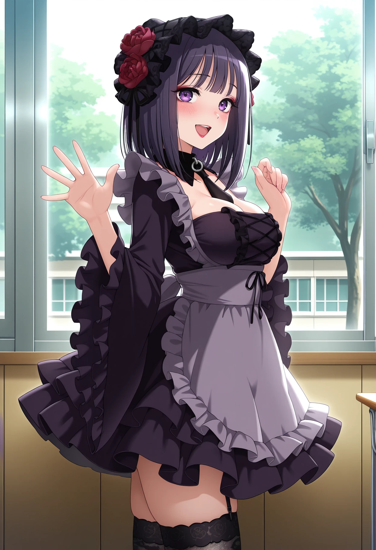 (((Pixel Perfect, Perfect detail))), One Girl, alone, Shizuku Kuroe, headdress, maid headdress, bangs, hair ornaments, Long sleeve, dress, Cleavage, (Purple eyes:1.1), Purple Hair, flower, Frills, tie, hair flower, Wide sleeves, blunt bangs, Manicure, black dress, collar, Cosplay, Compensate, detached collar, Rose, rock, frilled dress, lipstick, Frills袖, red flower, black tie, Leash, purple nails, rock Leash, Outdoor, whole body