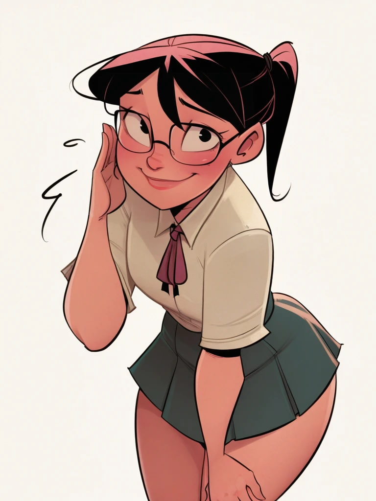 JmoxComic,
1girl, ponytail, school uniform, nervous, blush, looking at viewer, cowboy shot, cartoon, dynamic pose, smile, cute, wide shot, simple white background, solo, leaning forward, glasses off,
 <lora:JMoxComix_style-12:1>