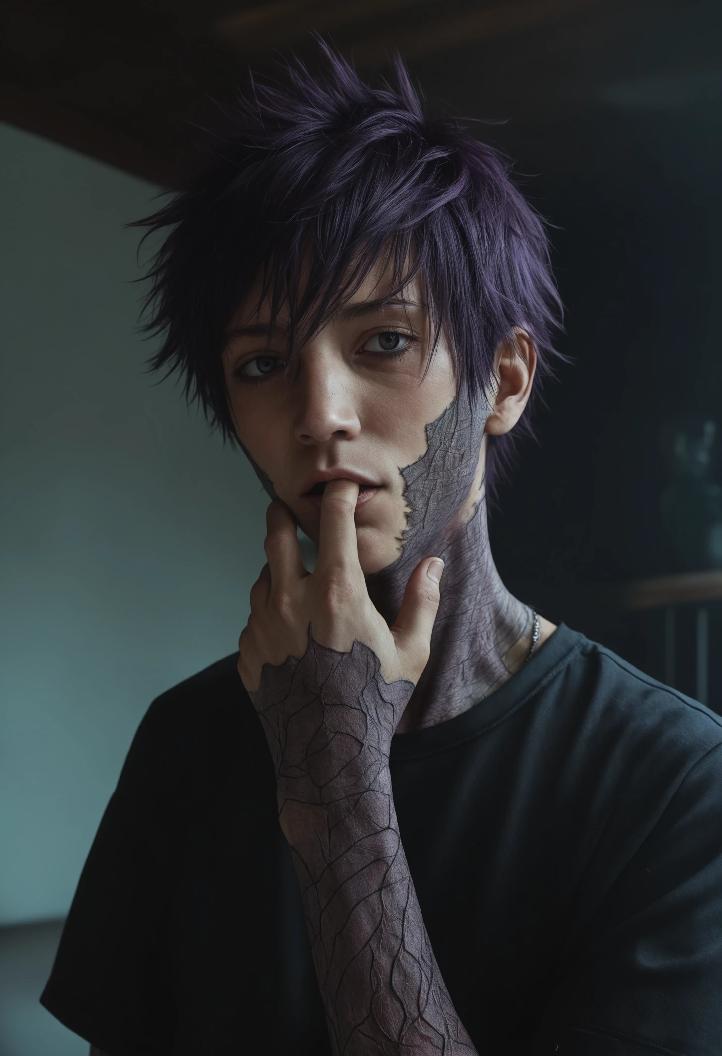 ((dabi)),black shirt,hand over mouth, dark room, masterpiece, photorealistic, detailed