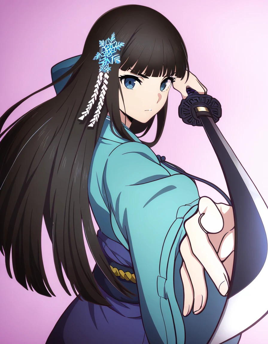 masterpiece, best quality, newest, absurdres, highres, safe,, <lora:miyuki-shiba-s2-ponyxl-lora-nochekaiser:1>, miyuki shiba, long hair, blue eyes, black hair, hair ornament, ribbon, hair ribbon, snowflake hair ornament, bangs, blunt bangs, medium breasts, <lora:gatotsu-stance-illustriousxl-lora-nochekaiser:1>, gatotsu stance, weapon, sword, katana, holding weapon, holding, holding sword, foreshortening, japanese clothes, kimono, looking at viewer,, ,
