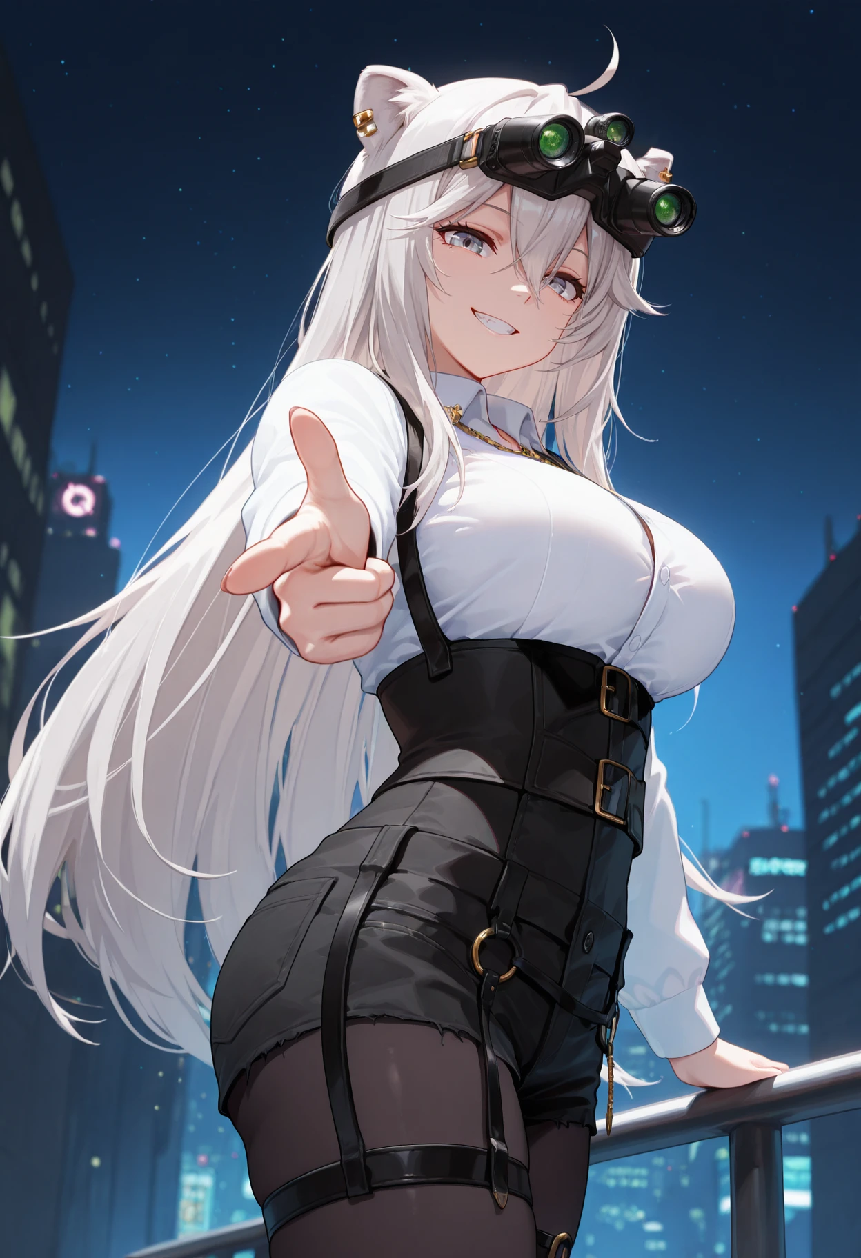 masterpiece, best quality, amazing quality,
<lora:botanIL:1>, botanIL, botanbdown, thigh strap, black shorts, ear piercing, short shorts, black pantyhose, long hair, large breasts, hair between eyes, shirt tucked in, collared shirt, ahoge, long sleeves, smile, 1girl, shorts, shirt, underbust, solo, grin, pants, black pants, white shirt, piercing, looking at viewer, very long hair, cowboy shot, dress shirt, o-ring, finger gun, night vision device, pointing at viewer, cyberpunk, outdoors, night,