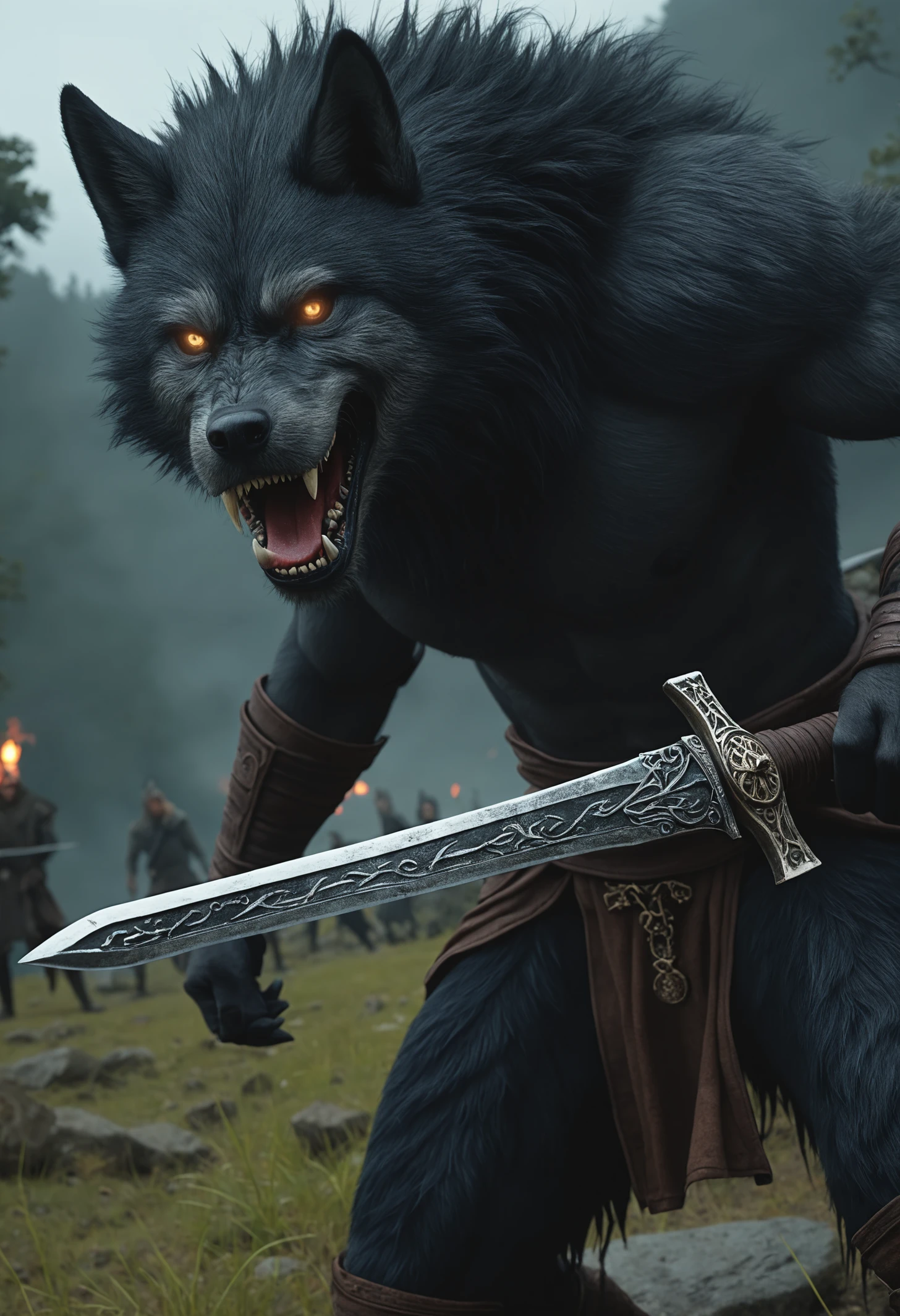 masterpiece, photorealistic, wolf-man, ((Blaidd)), from Elden Ring, large_broadsword,runes, action pose, extreme detail, dramatic angle, heroic, moody, cover shot, closeup, tight shot