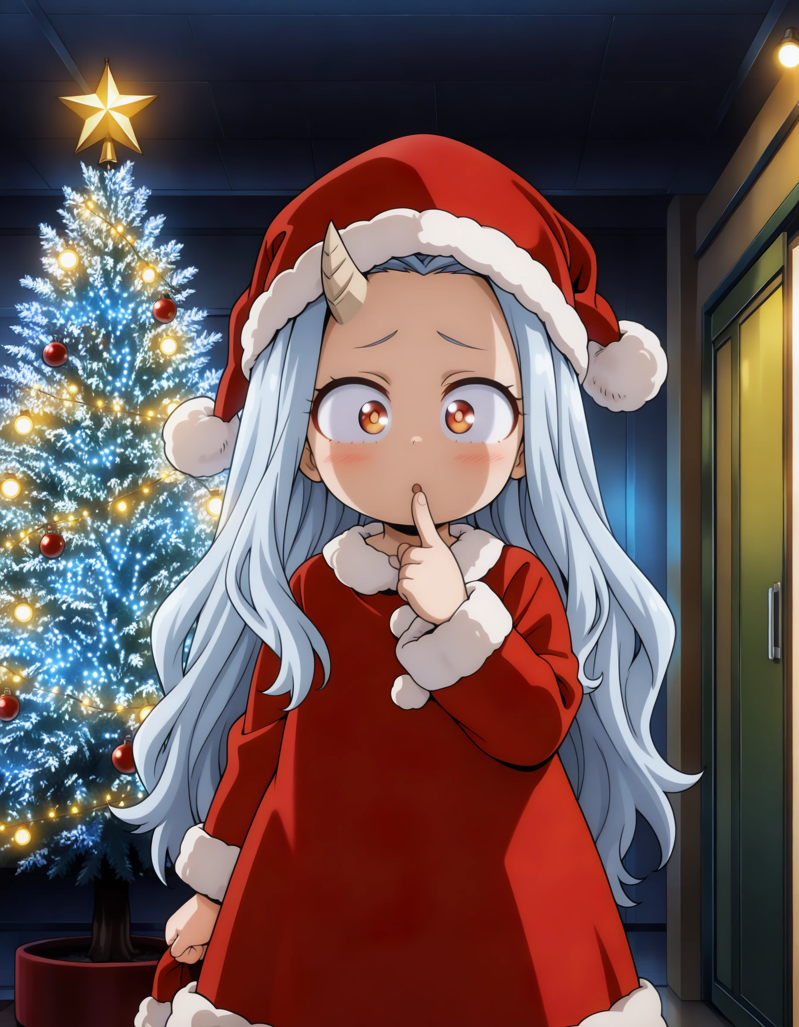 1girl, eri_mha, (one horn, horn on right side), (awe expression, finger to mouth, incoming gift, christmas, colorful, oversized santa clothing and hat, innocent girl), little, kawaii, hdr, high contrast, upscaled, indoor,
(masterpiece, best quality, absurdres), masterpiece, highres, perfect anatomy, anime style, anime screenshot, 8k wallpaper, ultra high quality, (extremely detailed cg), (perfect lighting), (sharp image), AddXL