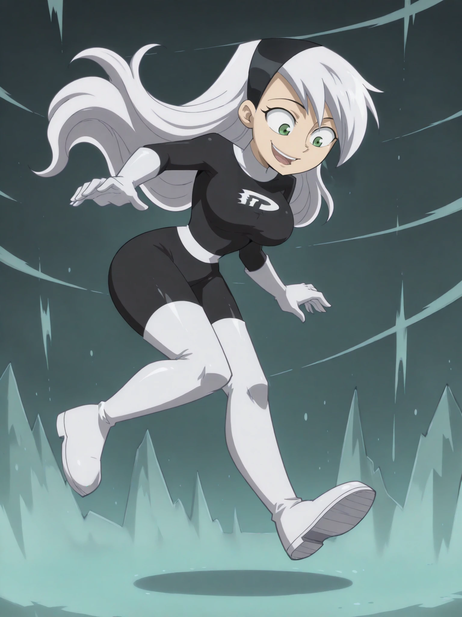 danny_phantom, 1girl, solo, green_eyes, white_hair, black_hairband, long_hair, black_bodysuit, large_breasts,
1girl, solo, green_eyes, white_hair, hairband, long_hair, bodysuit,gloves, smile, black_background, open_mouth, boots, thigh_boots, full_body, multicolored_hair, white_gloves, two-tone_hair, black_bodysuit, black_hairband, breasts, :d, looking_down, white_footwear,
<lora:Danny_Phantom_Character_Illustrious_SD8:1> <lora:Fairy_Tail_Waterpark_OVA_Illustrious_SD8:.75>