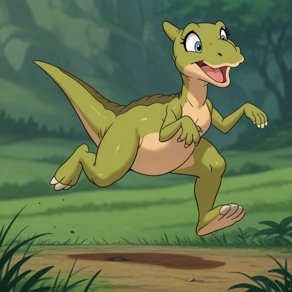 masterpiece, best quality, amazing quality, Duckylbtil, feral, female, Saurolophus, dinosaur, green skin, lush valley, jumping, playing