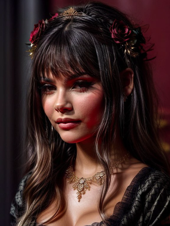 <lora:000ArianaGreenblatt:0.7>,adri,<lora:age_slider-LECO-v1:-1>,
A young woman with long blond hair wearing a fantasy dress. The dress has a complex pattern and is decorated with golden elements. The sleeves are open on the shoulders. The woman wears a wreath of dark red roses and greenery on her head. Her face has light makeup with an emphasis on her eyes. She has a black lace necklace around her neck. The background of the image is blurred,creating an atmosphere of fog or cloudy weather.,, <lora:more_details:1> <lora:detailSliderALT:1>