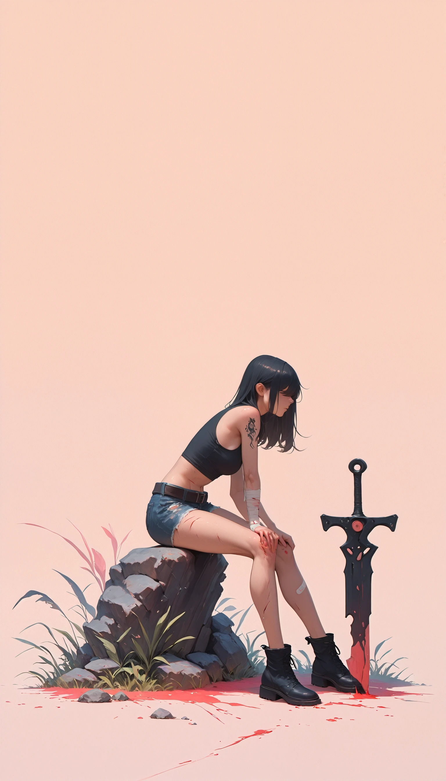 (cowboy shot, liquid, surreal, pastel_theme, pastel ink, abstract_art, sticker, paint splatter, floating, wide_shot, dripping, inkblot, abstract background, blurry, bokeh, best quality, highly detailed)
(RS-Illu, 1girl, solo, long_hair, breasts, bangs, simple_background, black_hair, photoshop_(medium), shirt, original, holding, medium_breasts, bare_shoulders, sitting, jewelry, closed_mouth, weapon, full_body, boots, small_breasts, shorts, sleeveless, midriff, sword, belt, medium_hair, holding_weapon, black_footwear, from_side, torn_clothes, short_shorts, bare_arms, crop_top, bare_legs, blood, profile, sleeveless_shirt, leaning_forward, black_shirt, tattoo, shadow, bandages, holding_sword, pink_background, black_shorts, tank_top, grass, denim, plant, bandaid, denim_shorts, brown_background, injury, rock, bandaged_arm, ankle_boots, hair_over_eyes, blood_on_clothes, huge_weapon, cutoffs, hand_on_own_knee, dripping, wide_shot, dirty, planted, black_tank_top, hands_on_own_knees, planted_sword, blood_on_hands, bandaid_on_knee, bleeding, scratches)