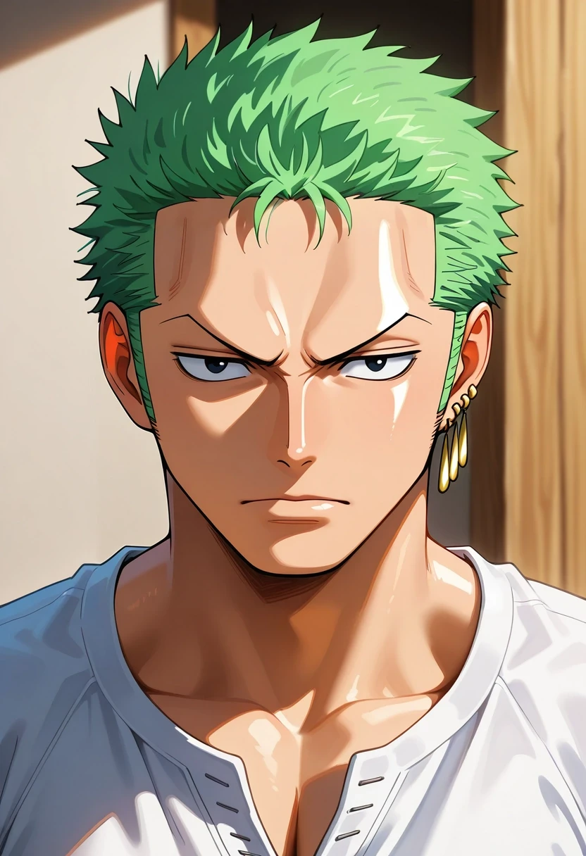 masterpiece, best quality, , (photorealistic:0.6), looking at viewer, 1boy, solo, male focus, <lora:zoro_roronoa_ilxl:0.96>, zoro_roronoa, green hair, black eyes, short hair, , , , , ,